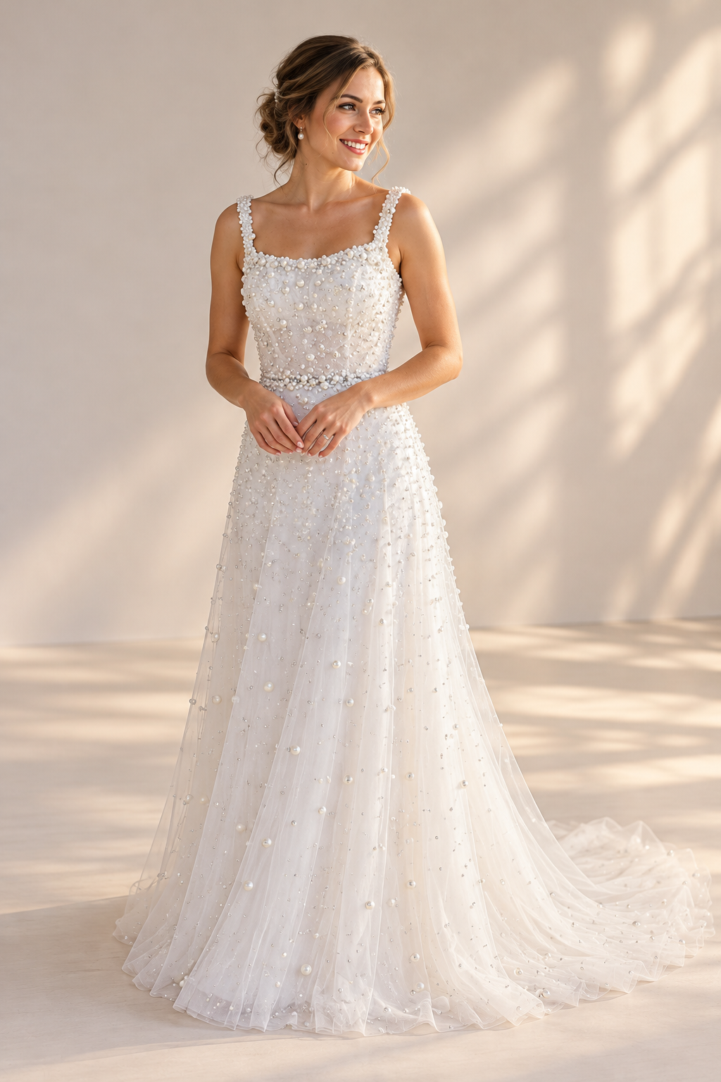 URSULA Elegant fitted crepe gown with a lace sweetheart bodice, flattering ruching, thigh-high slit and graceful train.