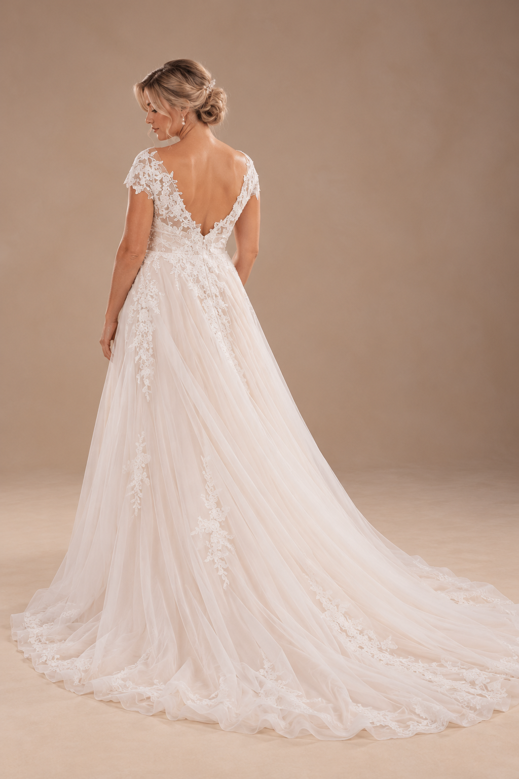 URSULA Elegant fitted crepe gown with a lace sweetheart bodice, flattering ruching, thigh-high slit and graceful train.