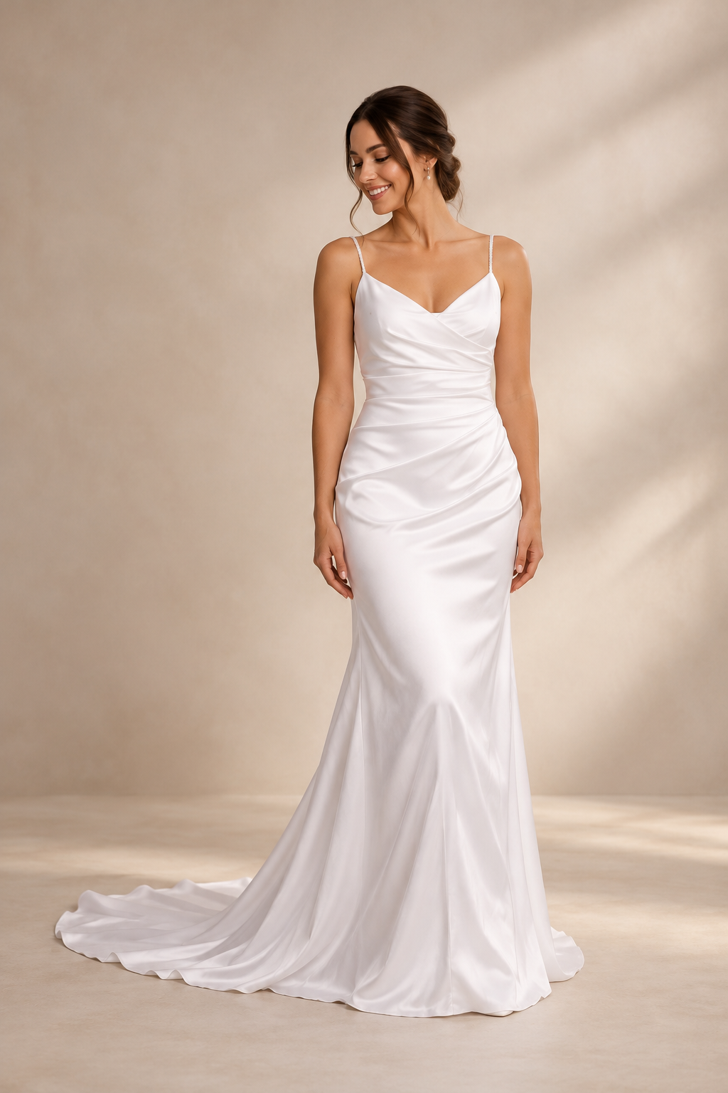 JOLENE A timeless mermaid wedding dress featuring a beautifully detailed lace bodice with a deep illusion V-neckline and delicate beaded straps. The sleek fitted silhouette flows effortlessly into a soft flared skirt and graceful lace-edged train