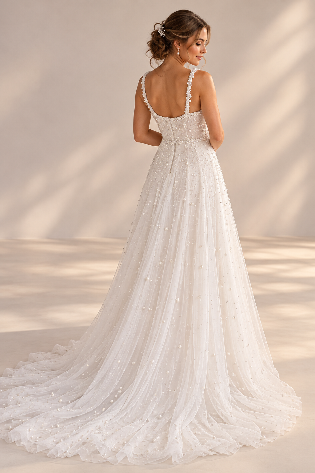 URSULA Elegant fitted crepe gown with a lace sweetheart bodice, flattering ruching, thigh-high slit and graceful train.