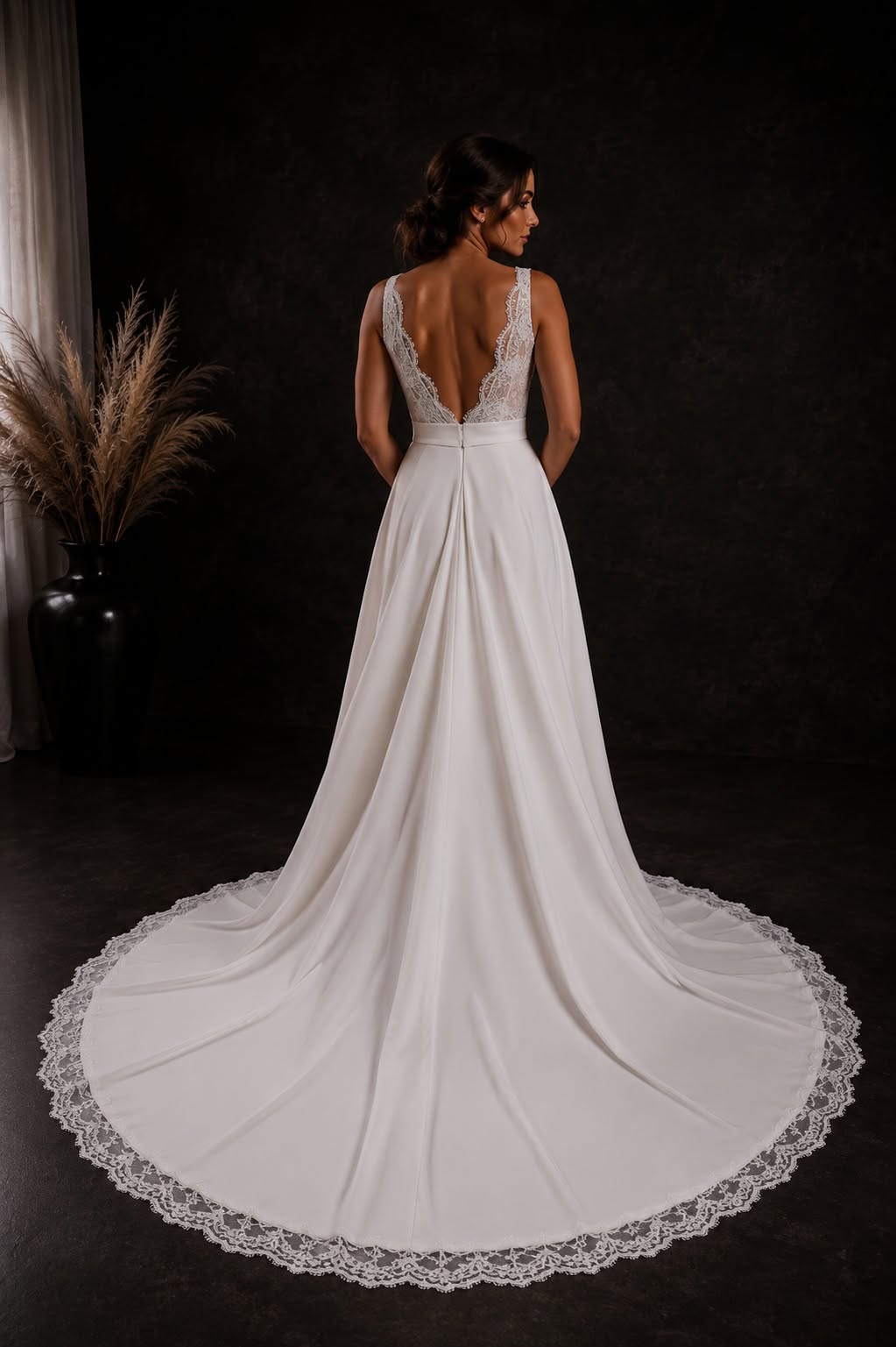 **Anzel – White Crepe & Lace Wedding Dress** An elegant white crepe A-line wedding dress featuring a classic V-neckline, delicate lace V-back and a beautiful long lace-edged train. 🤍