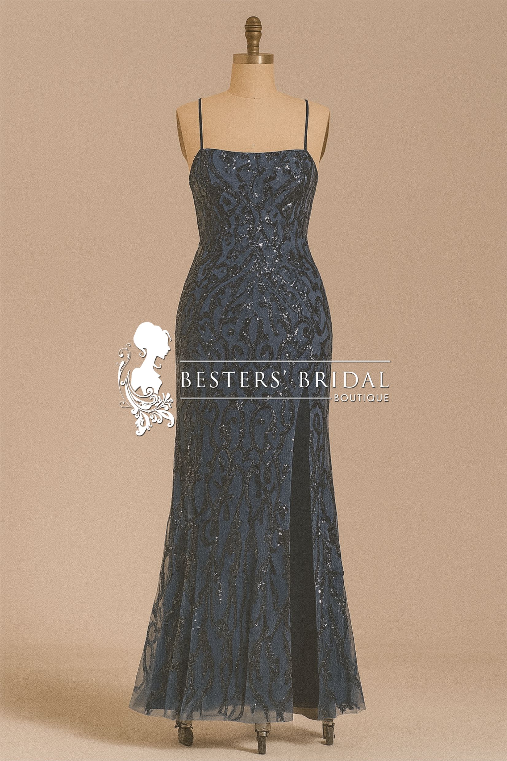 Sequined Backless High Slit Cross Back Straps Sleeveless Evening Dress