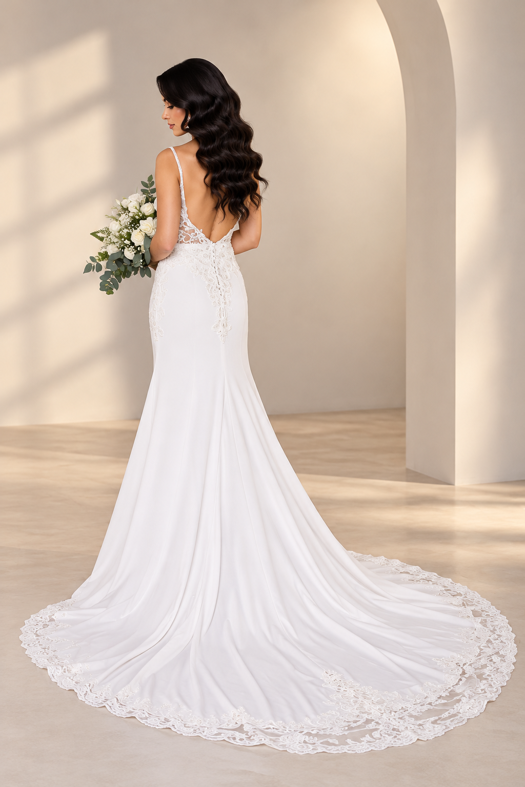 JOLENE A timeless mermaid wedding dress featuring a beautifully detailed lace bodice with a deep illusion V-neckline and delicate beaded straps. The sleek fitted silhouette flows effortlessly into a soft flared skirt and graceful lace-edged train