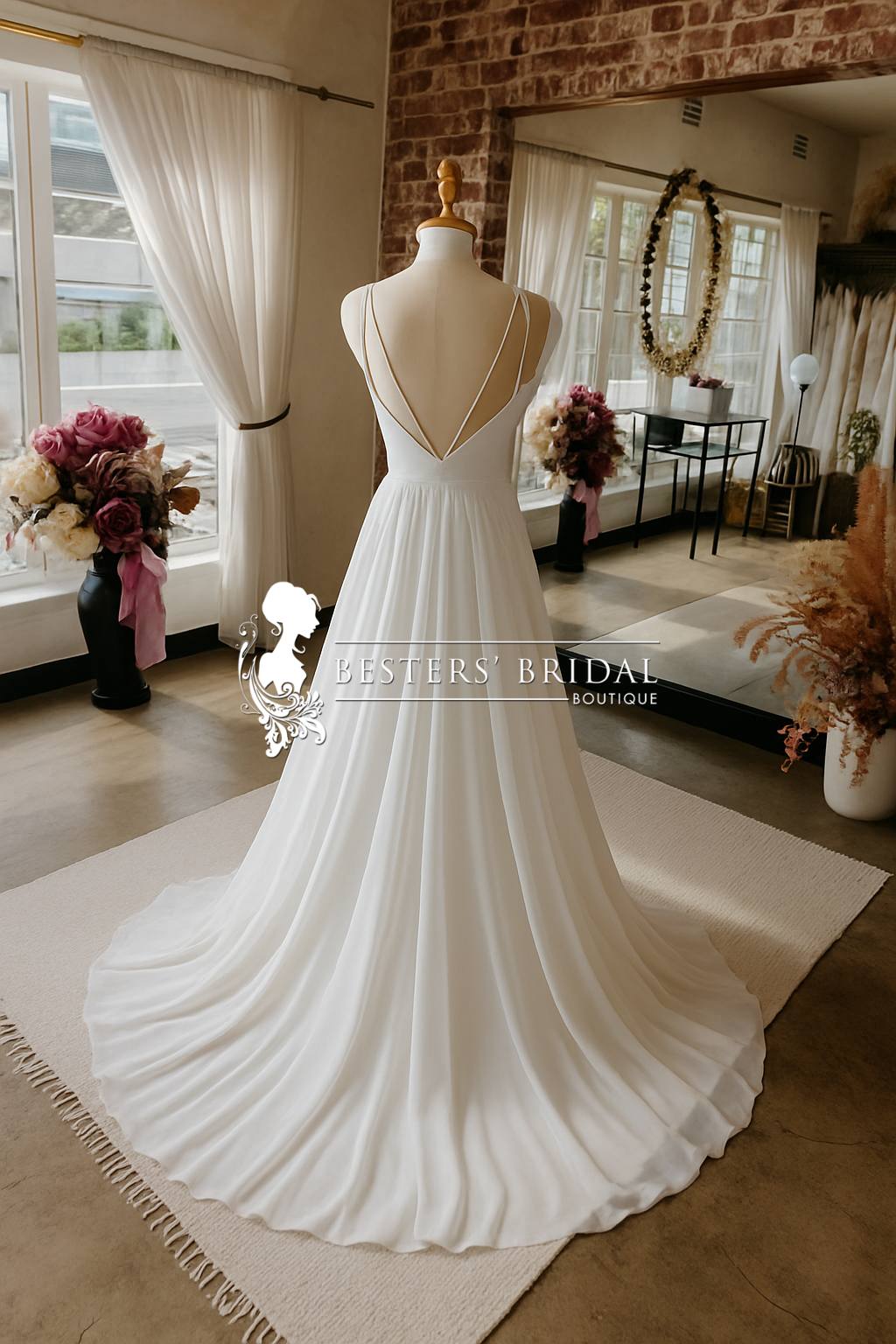 AYANDA Light as air. Gracefully timeless.  The Ayanda gown – meaning “they expand” or “growth” in Zulu – is a romantic dream for the bride who desires a soft and flowing silhouette. Crafted in layers of airy chiffon, this gown offers a light and elegant drape that moves effortlessly with every step.  Featuring a deep V pleated neckline, spaghetti straps, and a flattering fitted waistband, the gown cascades into a soft A-line skirt with a graceful train. The low V-back adds just the right amount of charm, making it perfect for a garden, beach, or summer wedding.