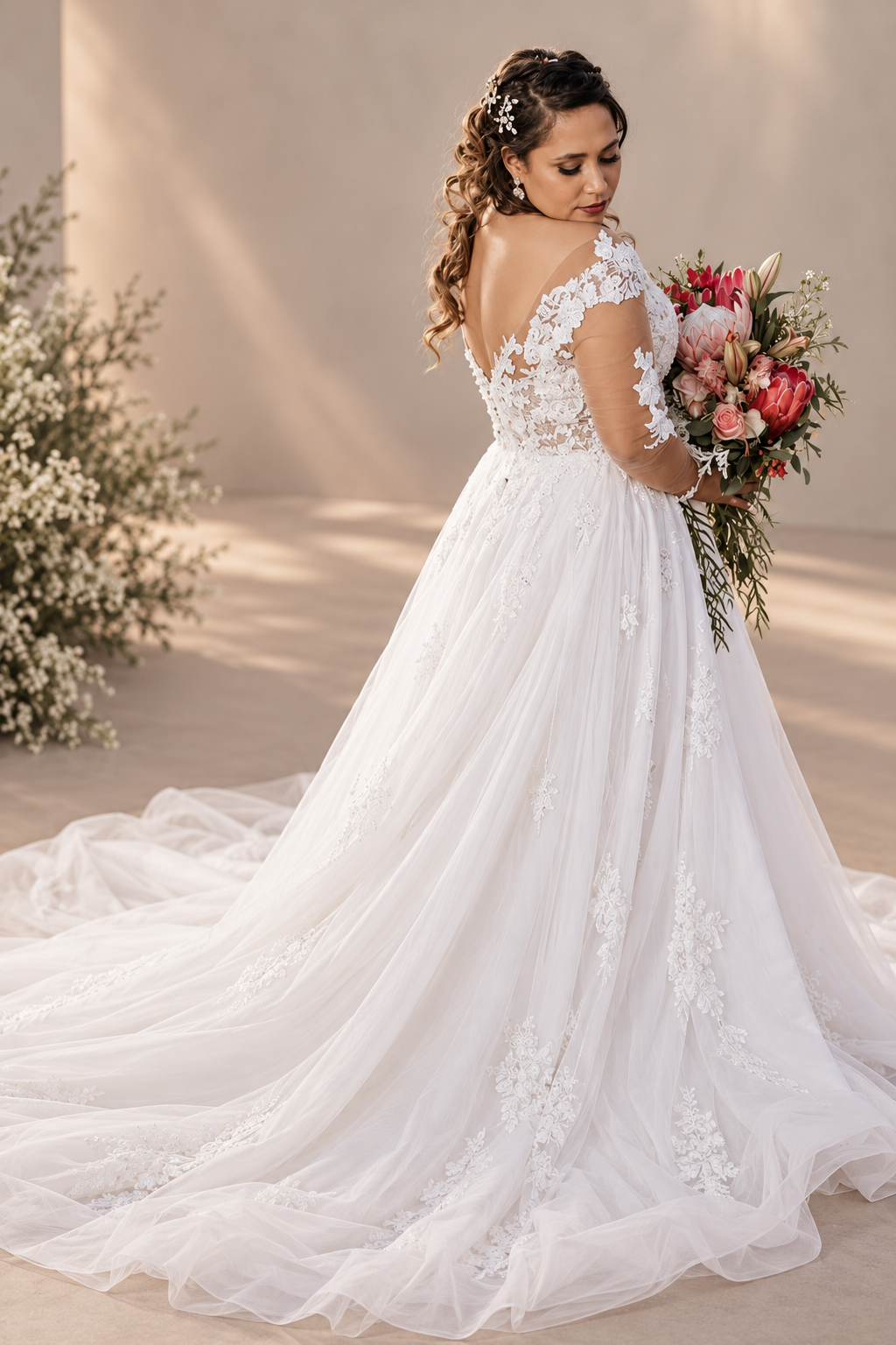 GILLIAN Romantic A-line bridal gown with delicate lace, sheer long sleeves and a beautifully flowing tulle skirt.