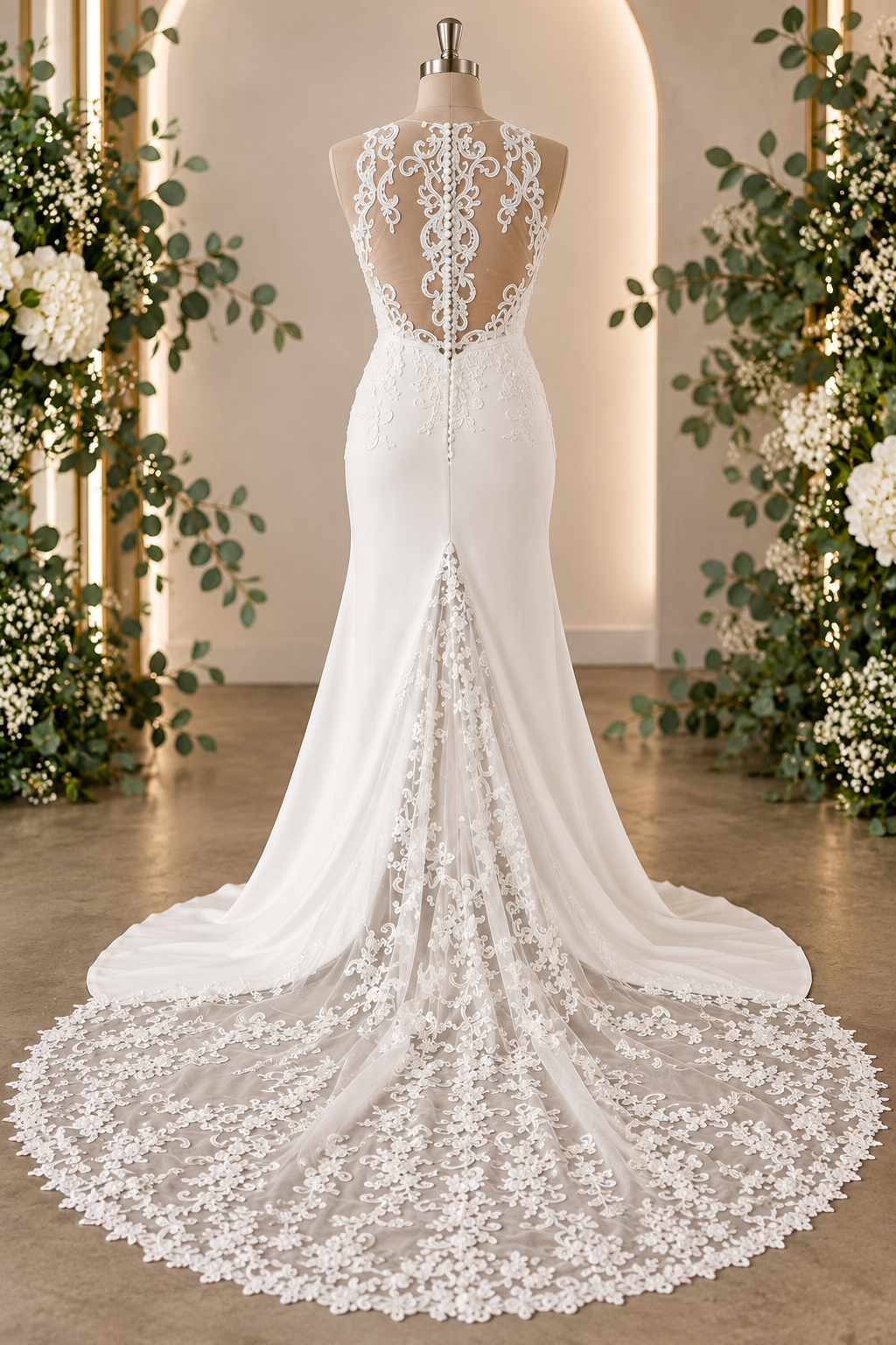calpurnia Elegant off-white crepe and lace wedding dress with an illusion lace bodice and statement lace train.