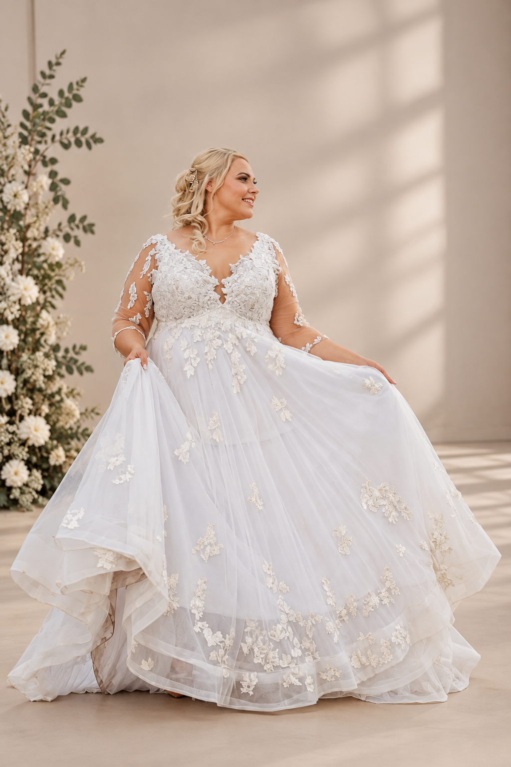 JOLENE A timeless mermaid wedding dress featuring a beautifully detailed lace bodice with a deep illusion V-neckline and delicate beaded straps. The sleek fitted silhouette flows effortlessly into a soft flared skirt and graceful lace-edged train