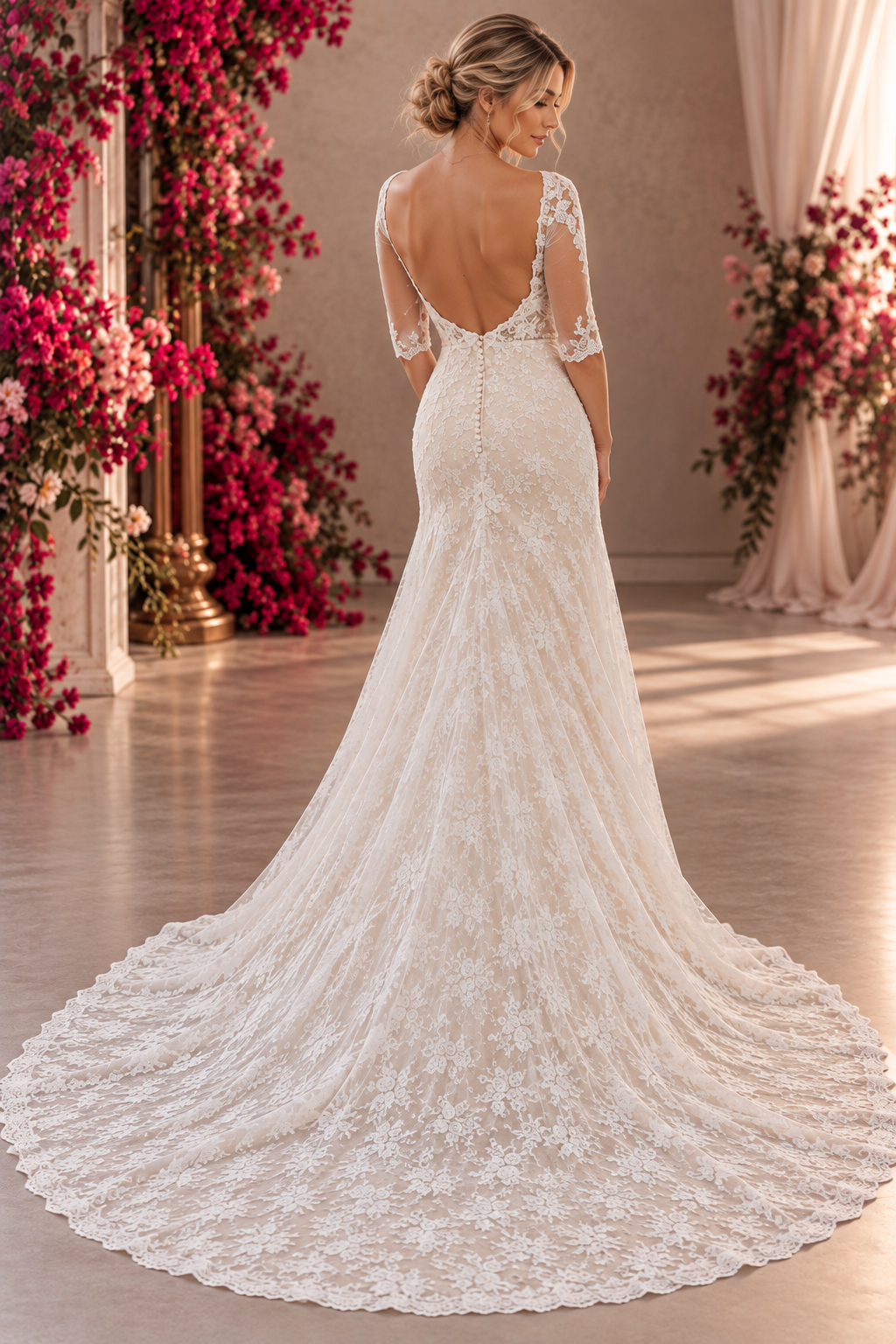 URSULA Elegant fitted crepe gown with a lace sweetheart bodice, flattering ruching, thigh-high slit and graceful train. 
