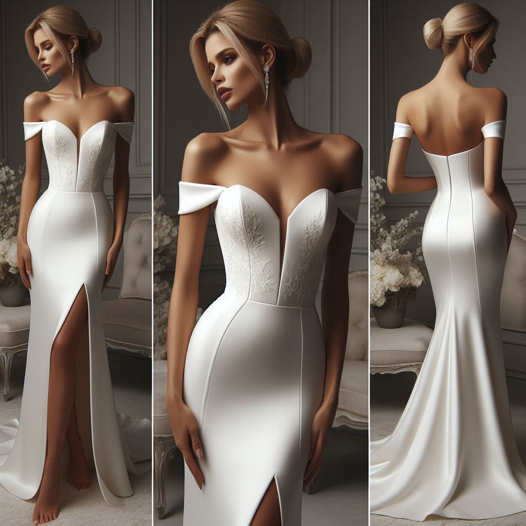 THIS EXQUISITE WEDDING DRESS SEAMLESSLY BLENDS TIMELESS BRIDAL ELEGANCE WITH CONTEMPORARY DESIGNER ELEMENTS. CRAFTED FROM LUXURIOUS STRETCH CREPE, THE GLAMOROUS COLUMN SILHOUETTE FEATURES DETACHABLE OFF-THE-SHOULDER STRAPS THAT GRACEFULLY CONNECT TO A FLATTERING SWEETHEART NECKLINE. THE MODERN STRUCTURED BODICE EXUDES SOPHISTICATION, ACCENTUATING THE FIGURE WITH A CLASSIC TOUCH. ELEVATING THE ALLURE, AN OPTIONAL HIGH LEG SLIT ADDS A HINT OF DRAMA, EXTENDING GRACEFULLY TO MEET THE OPULENT SKIRT AND TRAIN OF THIS CAPTIVATING WEDDING GOWN.