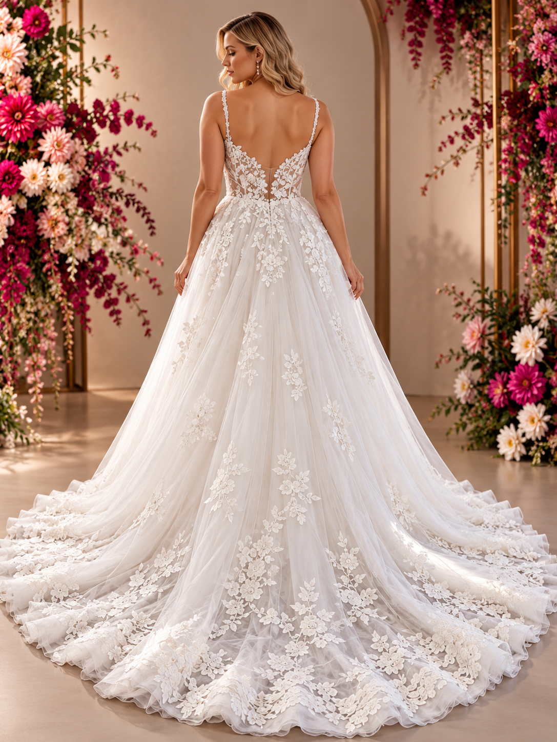 URSULA Elegant fitted crepe gown with a lace sweetheart bodice, flattering ruching, thigh-high slit and graceful train. 