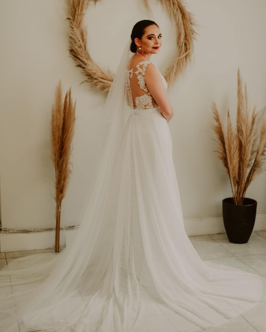 SHEER LACE AND TULLE A-LINE WEDDING DRESS HIRE