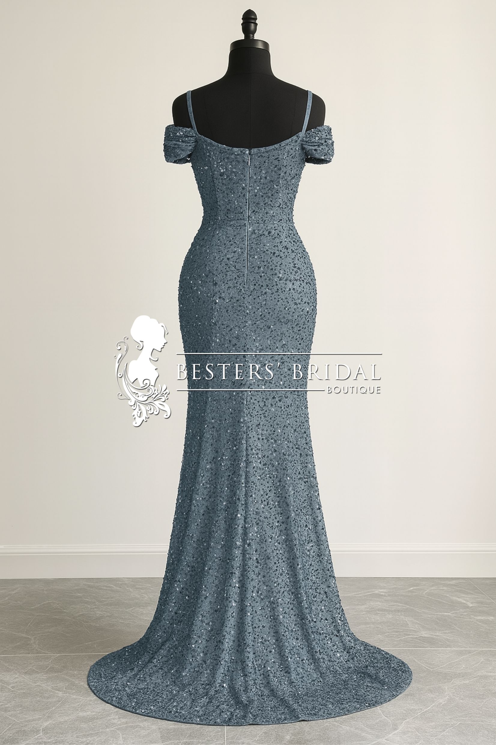 Shoulder-Baring Long Dress with Thin Straps, Sequin Evening Gown