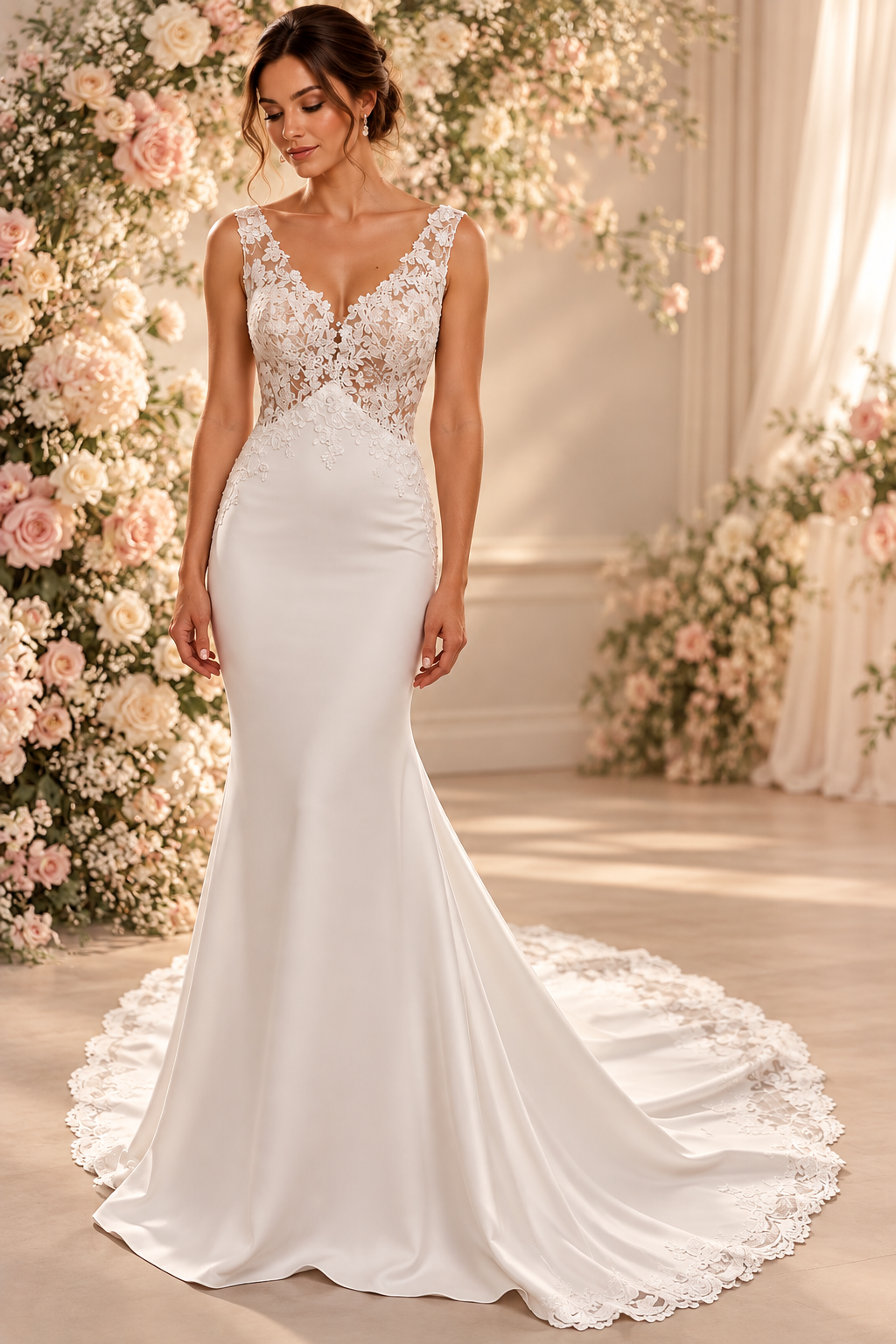 URSULA Elegant fitted crepe gown with a lace sweetheart bodice, flattering ruching, thigh-high slit and graceful train.