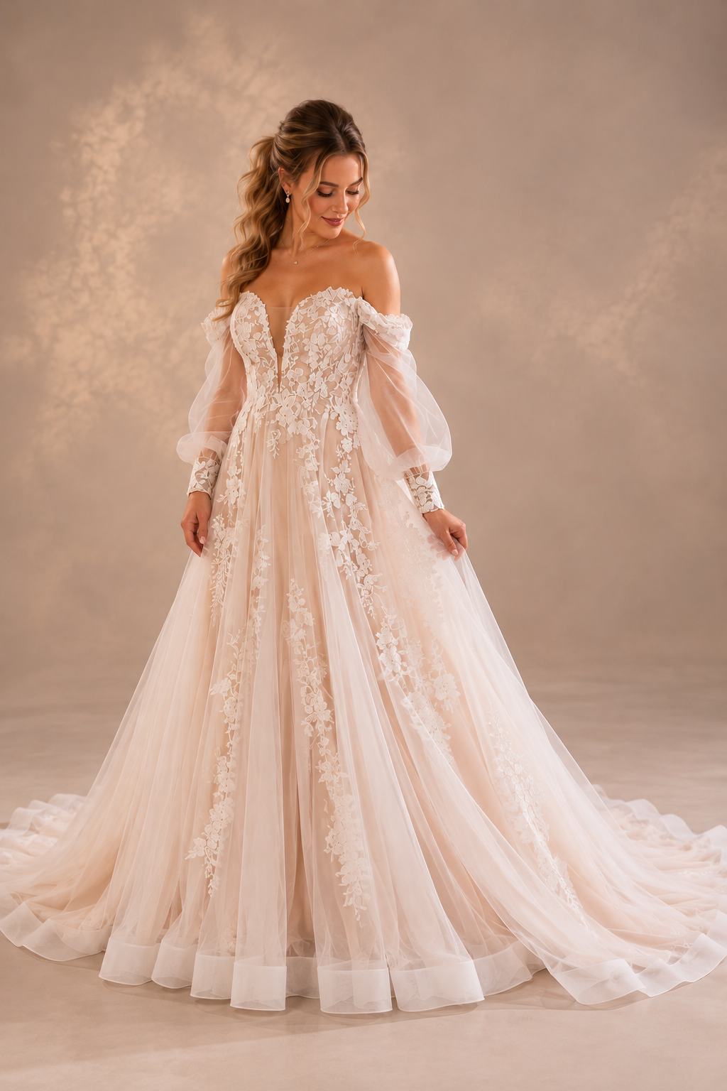 JOLENE A timeless mermaid wedding dress featuring a beautifully detailed lace bodice with a deep illusion V-neckline and delicate beaded straps. The sleek fitted silhouette flows effortlessly into a soft flared skirt and graceful lace-edged train