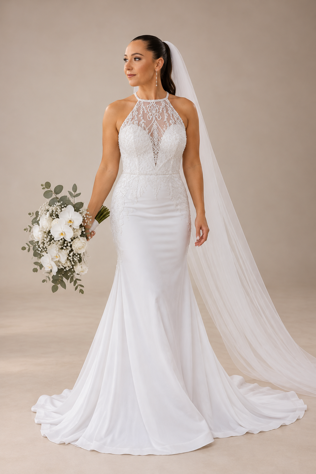 JOLENE A timeless mermaid wedding dress featuring a beautifully detailed lace bodice with a deep illusion V-neckline and delicate beaded straps. The sleek fitted silhouette flows effortlessly into a soft flared skirt and graceful lace-edged train