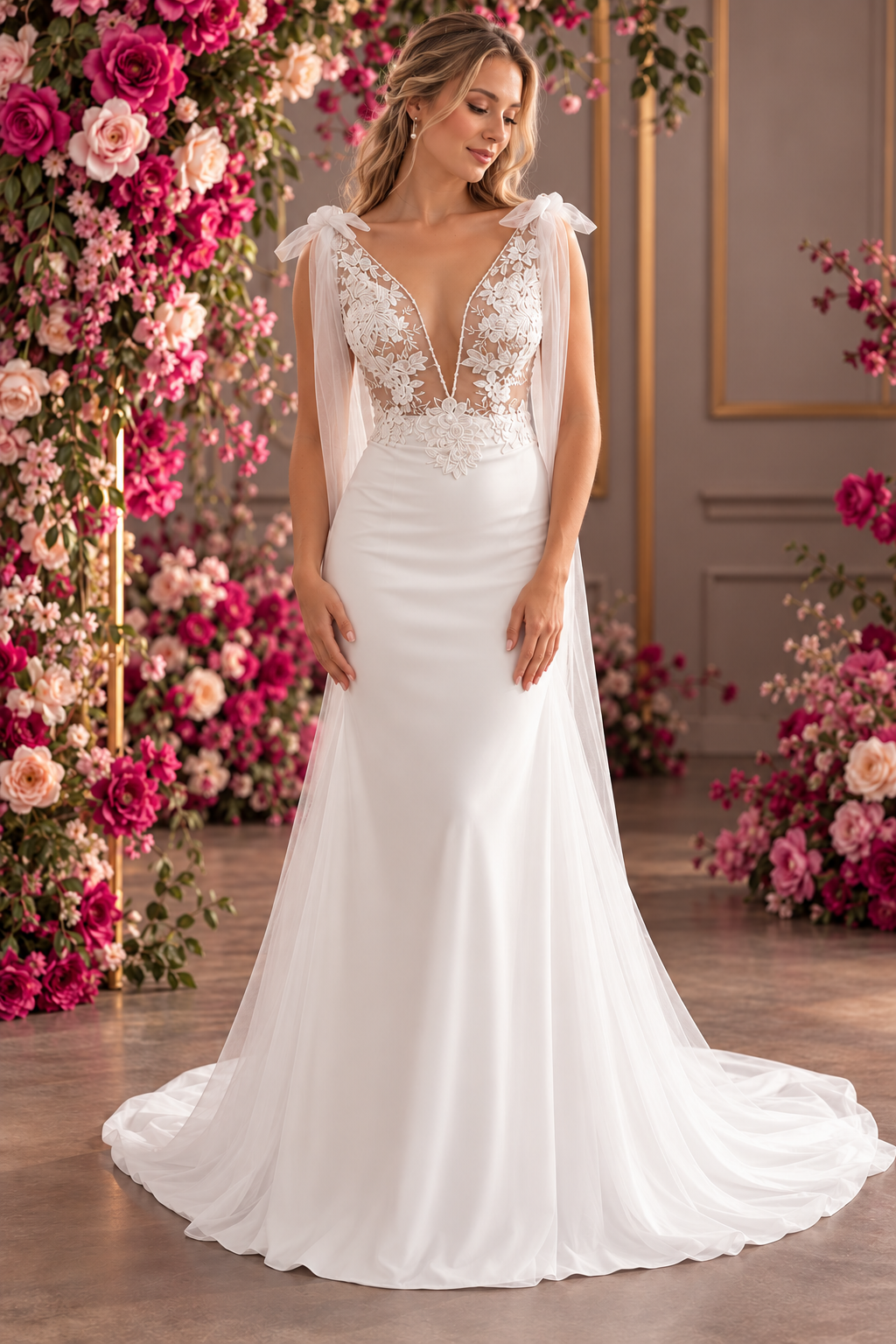 MARIZAAN An elegant off-white wedding dress featuring a delicate lace bodice with sheer lace sleeves, paired with a sleek crepe sheath skirt and a beautiful lace train. 