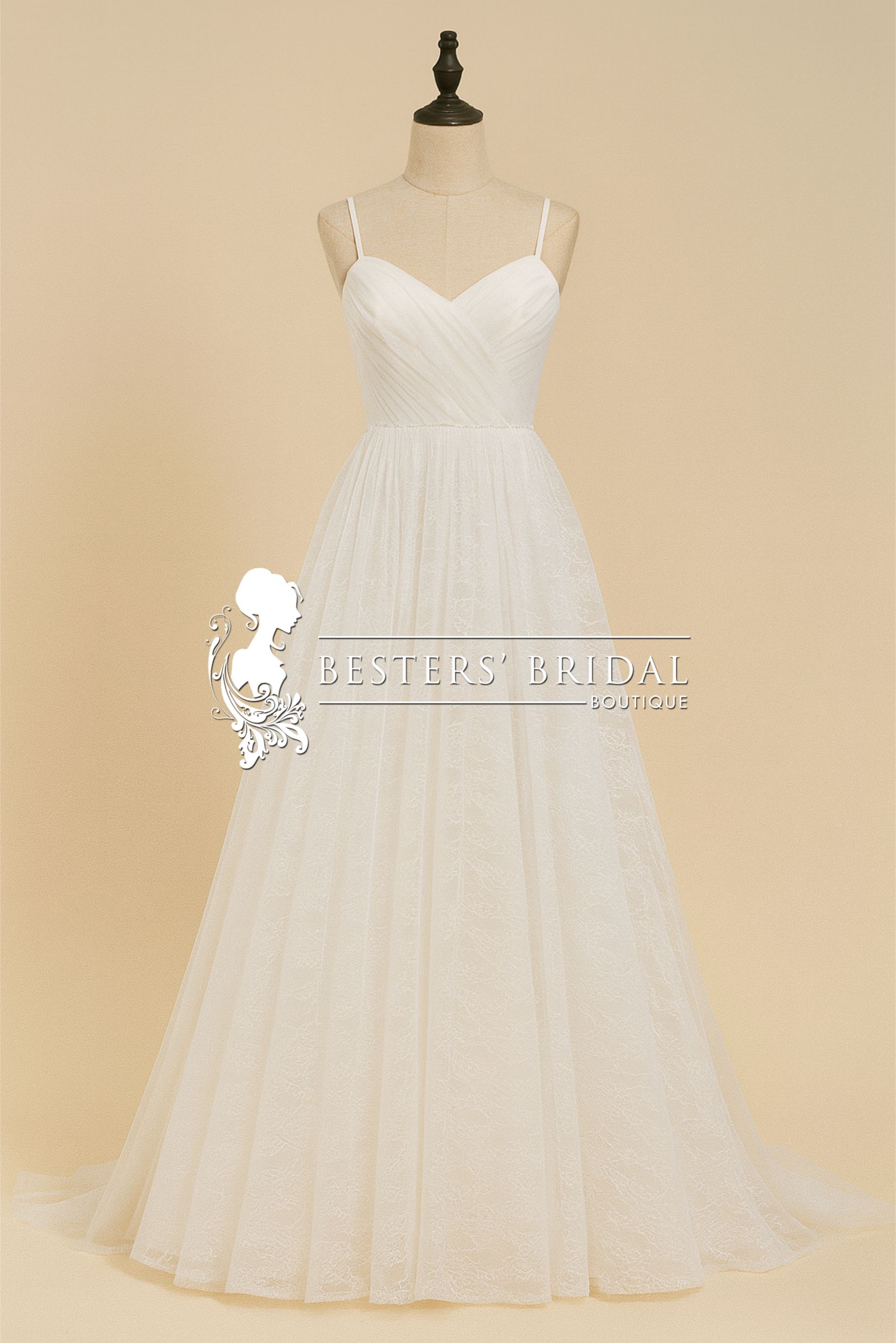 Spaghetti Strap Waist Pearl Sweetheart Collar Tulle Wedding Dress with Lace