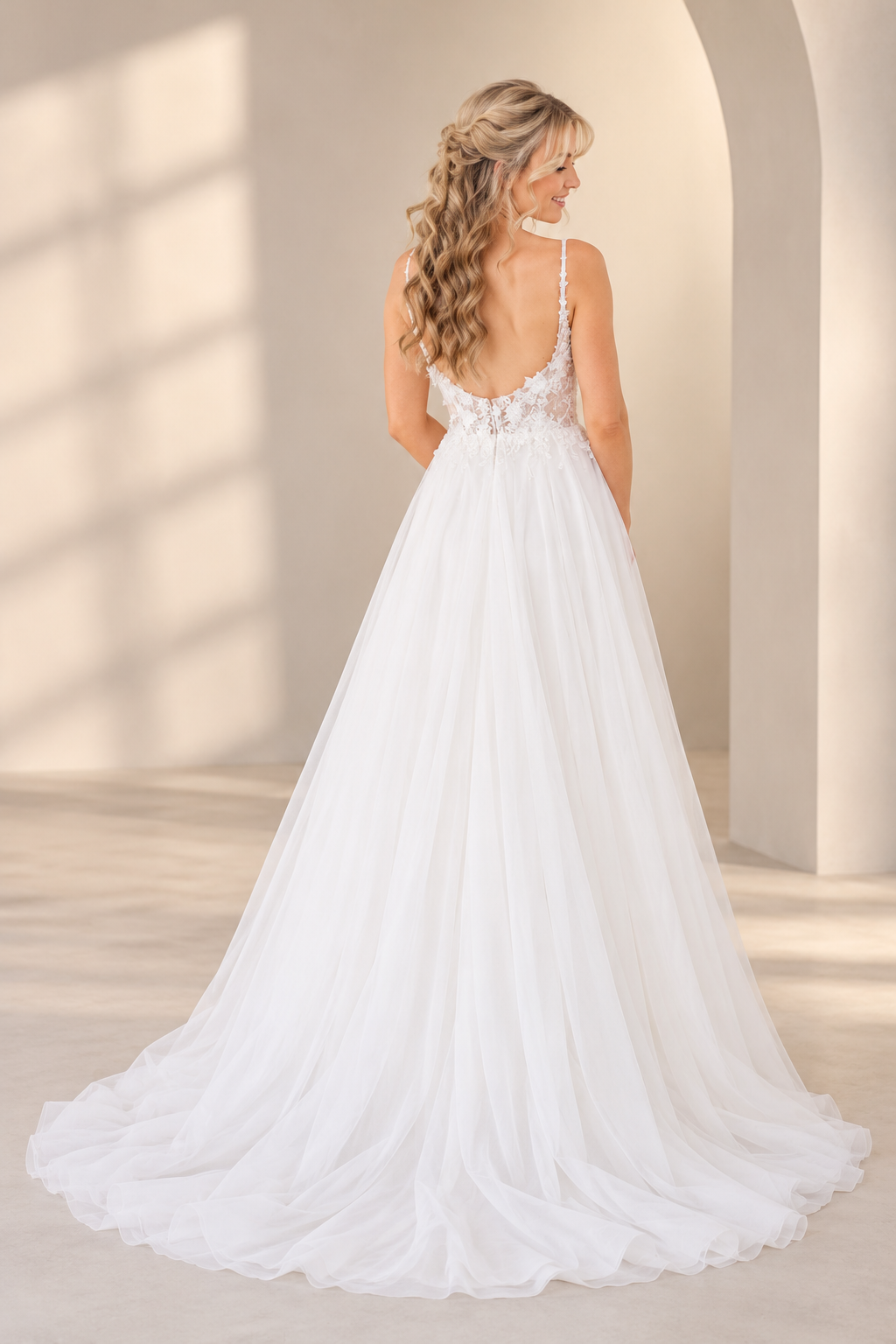 URSULA Elegant fitted crepe gown with a lace sweetheart bodice, flattering ruching, thigh-high slit and graceful train.