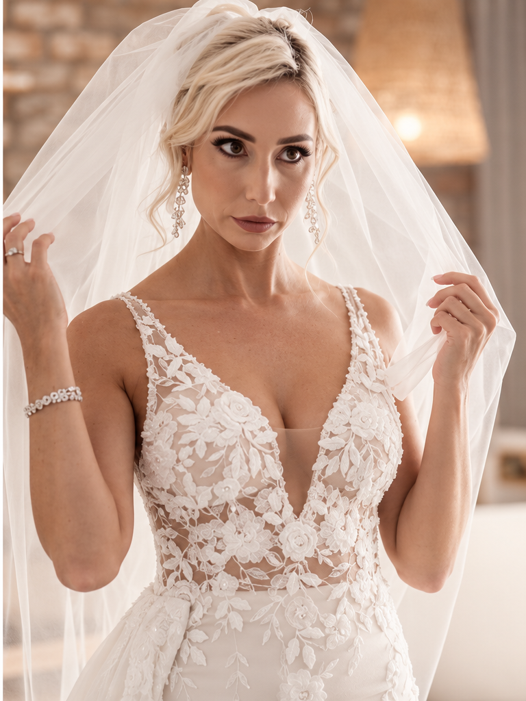 URSULA Elegant fitted crepe gown with a lace sweetheart bodice, flattering ruching, thigh-high slit and graceful train.