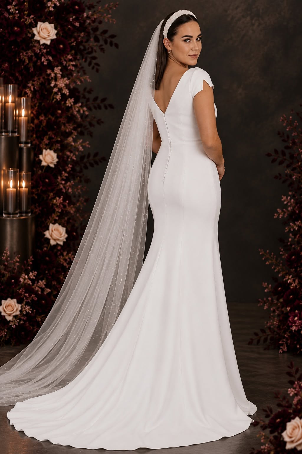 dominique Elegant off-white wedding dress featuring a structured crepe sweetheart bodice with statement shoulder ties and a full botanical lace A-line skirt with a beautiful flowing train.
