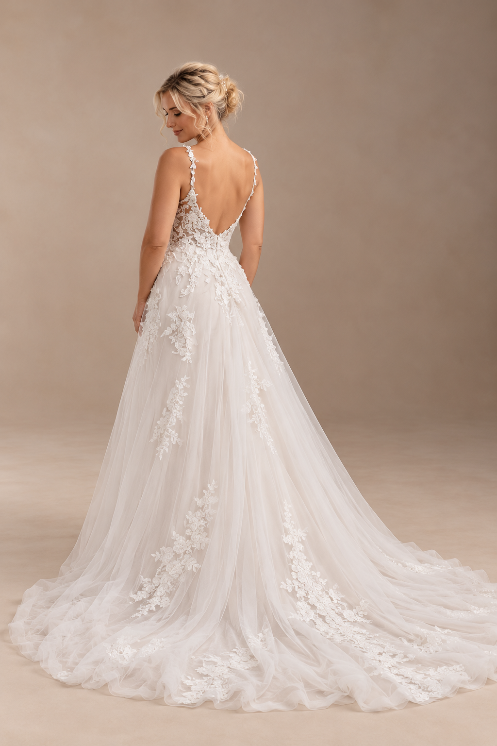 URSULA Elegant fitted crepe gown with a lace sweetheart bodice, flattering ruching, thigh-high slit and graceful train.