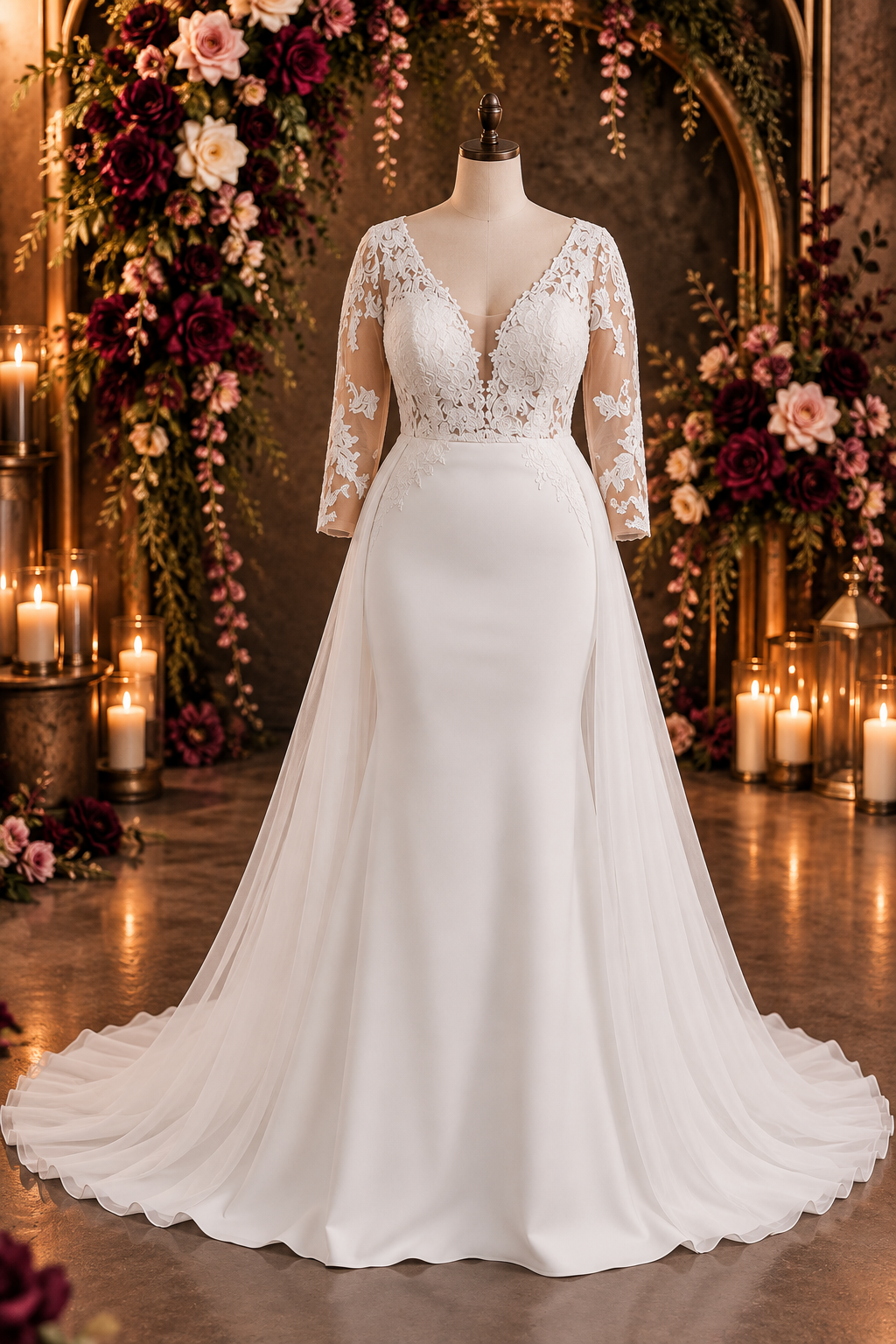 dominique Elegant off-white wedding dress featuring a structured crepe sweetheart bodice with statement shoulder ties and a full botanical lace A-line skirt with a beautiful flowing train.