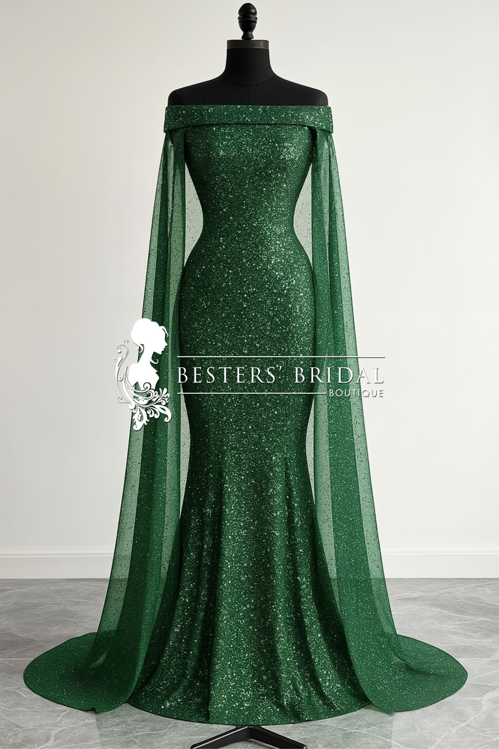 Elegant Off-Shoulder Sequin Gown with Cape Sleeves - Sparkling Green Dress