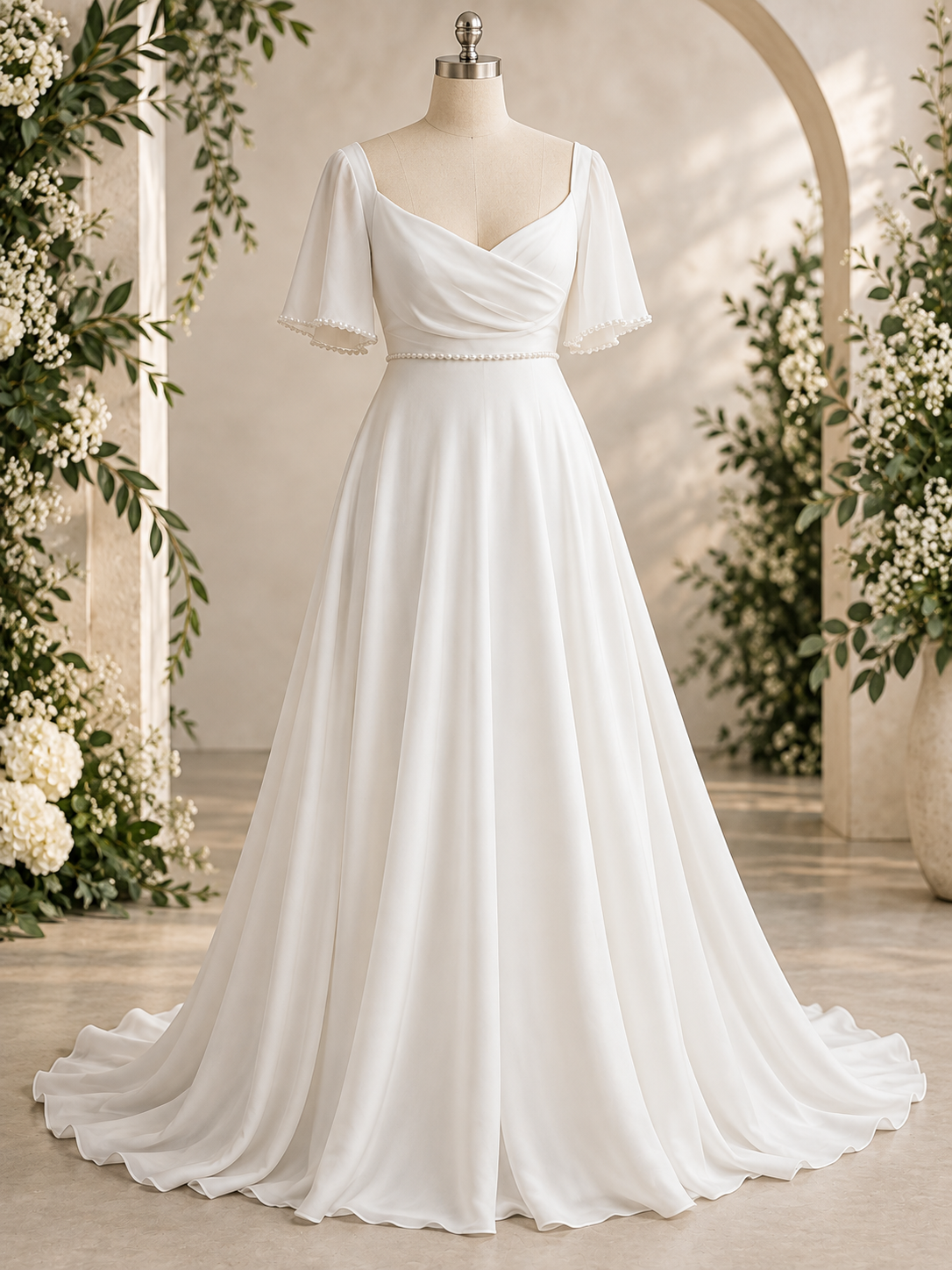 alicia An elegant off-white crepe A-line wedding dress with a softly draped bodice, flutter sleeves and delicate pearl detailing.