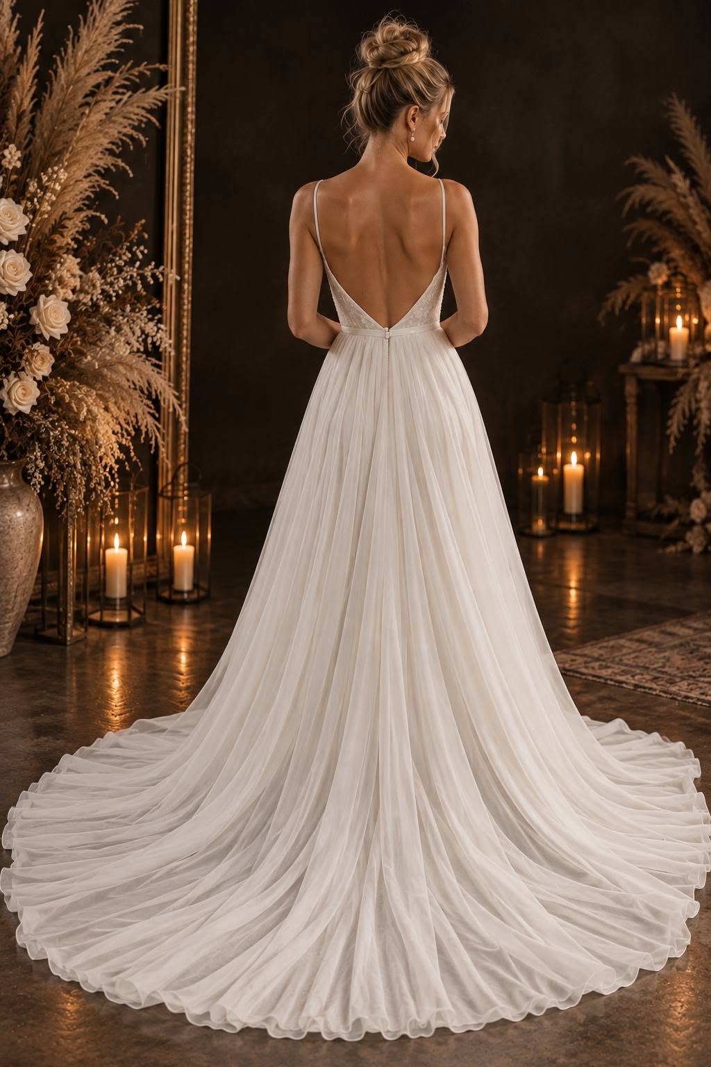 calpurnia Elegant off-white crepe and lace wedding dress with an illusion lace bodice and statement lace train.