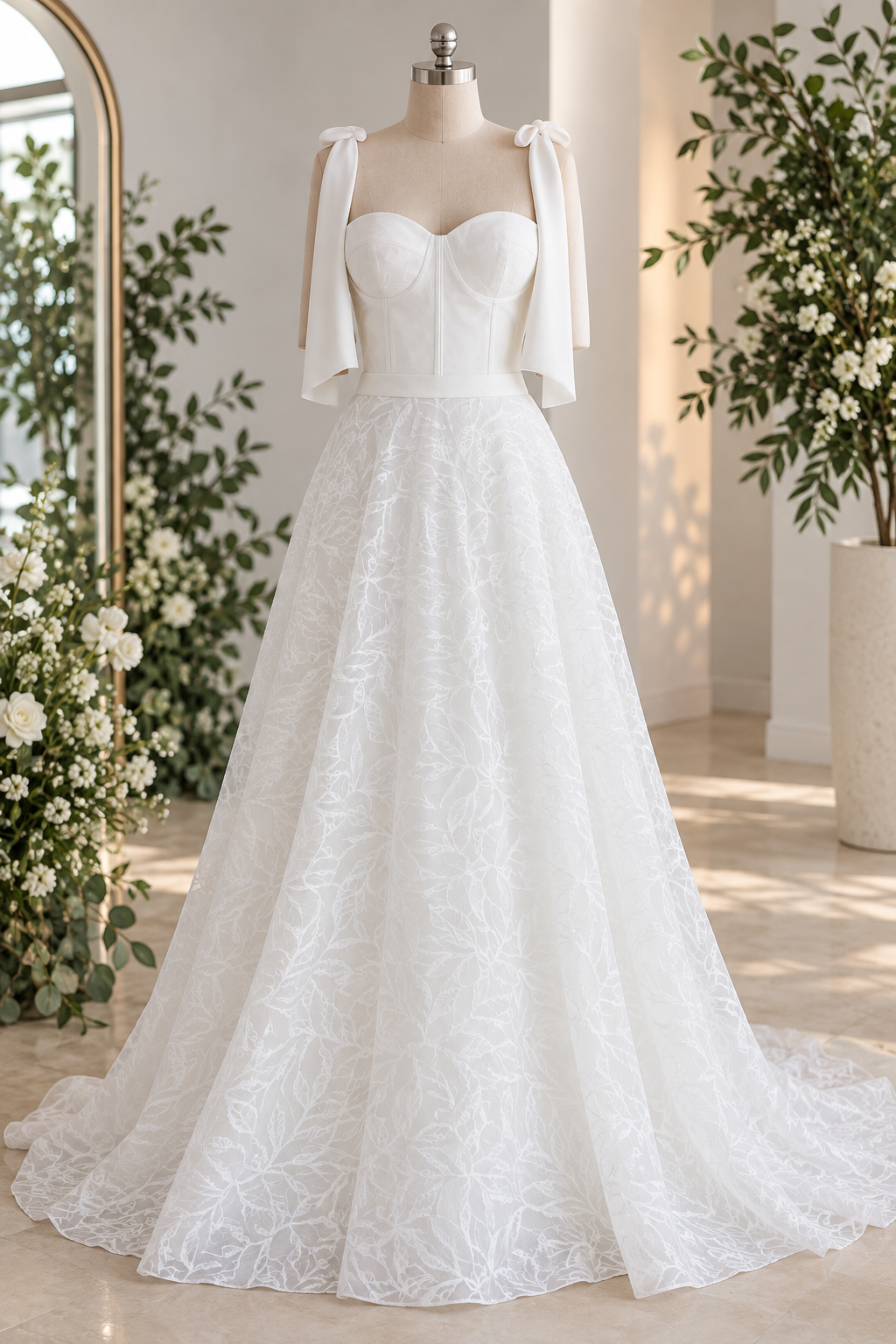 dominique Elegant off-white wedding dress featuring a structured crepe sweetheart bodice with statement shoulder ties and a full botanical lace A-line skirt with a beautiful flowing train.