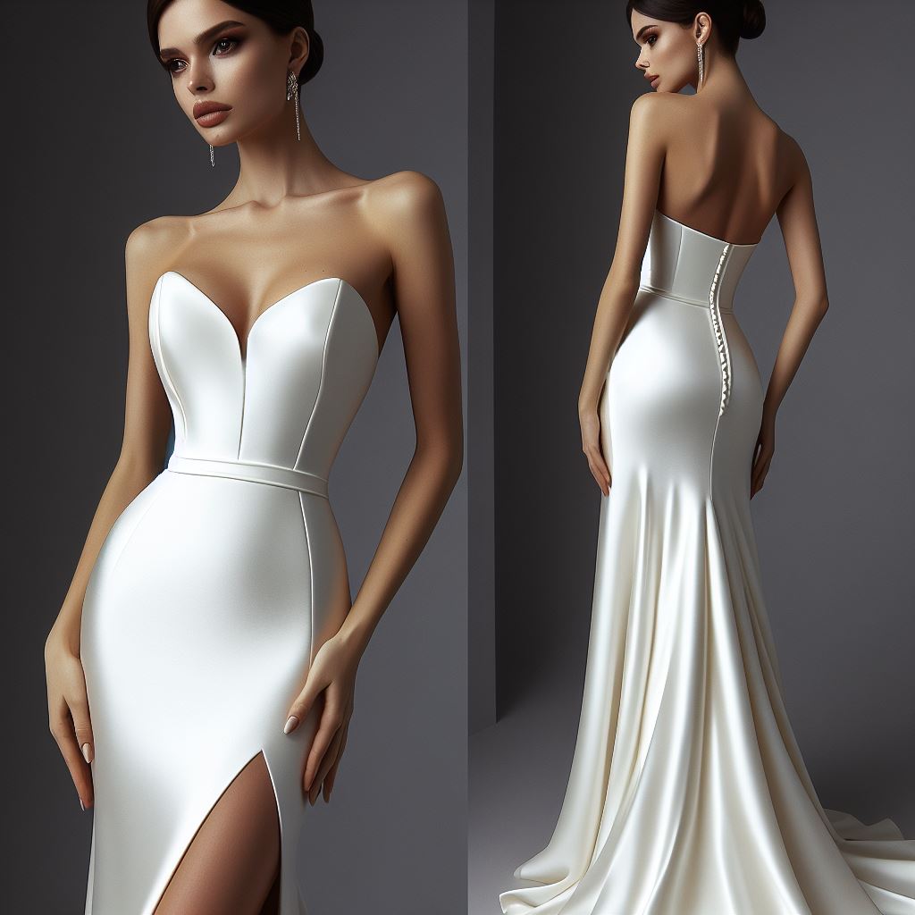 IN THIS SOPHISTICATED WEDDING GOWN, CLASSIC BRIDAL CHARM MEETS MODERN DESIGNER FLAIR. THE ELEGANT COLUMN SILHOUETTE IS CRAFTED FROM LUXURIOUS STRETCH CREPE, ADORNED WITH DETACHABLE OFF-THE-SHOULDER STRAPS THAT ELEGANTLY ATTACH TO A SWEETHEART NECKLINE. THE CONTEMPORARY STRUCTURED BODICE ADDS A TOUCH OF REFINEMENT, COMPLEMENTING THE TIMELESS FIGURE-ENHANCING DESIGN. A DASH OF ALLURE IS INTRODUCED THROUGH AN OPTIONAL HIGH LEG SLIT, INFUSING A HINT OF DRAMA AS IT GRACEFULLY MERGES WITH THE SUMPTUOUS SKIRT AND TRAIN OF THIS ENCHANTING WEDDING DRESS.