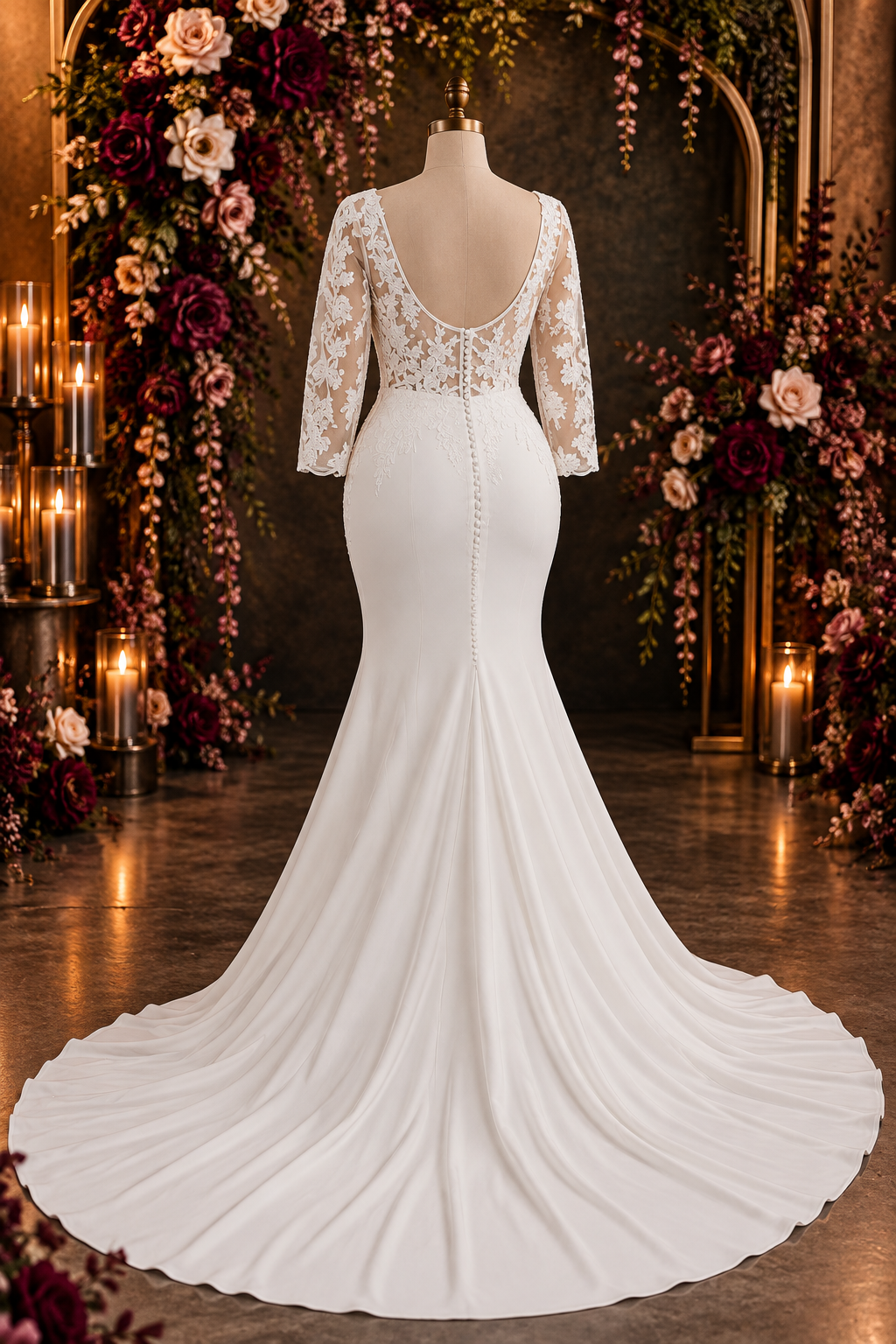 dominique Elegant off-white wedding dress featuring a structured crepe sweetheart bodice with statement shoulder ties and a full botanical lace A-line skirt with a beautiful flowing train.