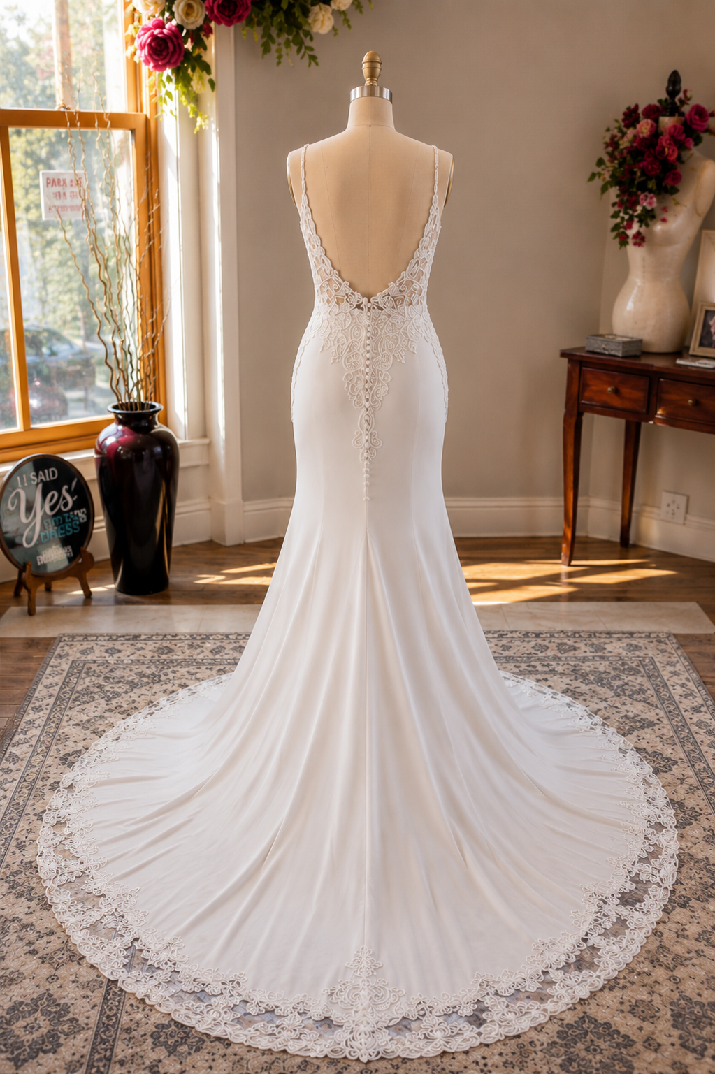JOLENE A timeless mermaid wedding dress featuring a beautifully detailed lace bodice with a deep illusion V-neckline and delicate beaded straps. The sleek fitted silhouette flows effortlessly into a soft flared skirt and graceful lace-edged train