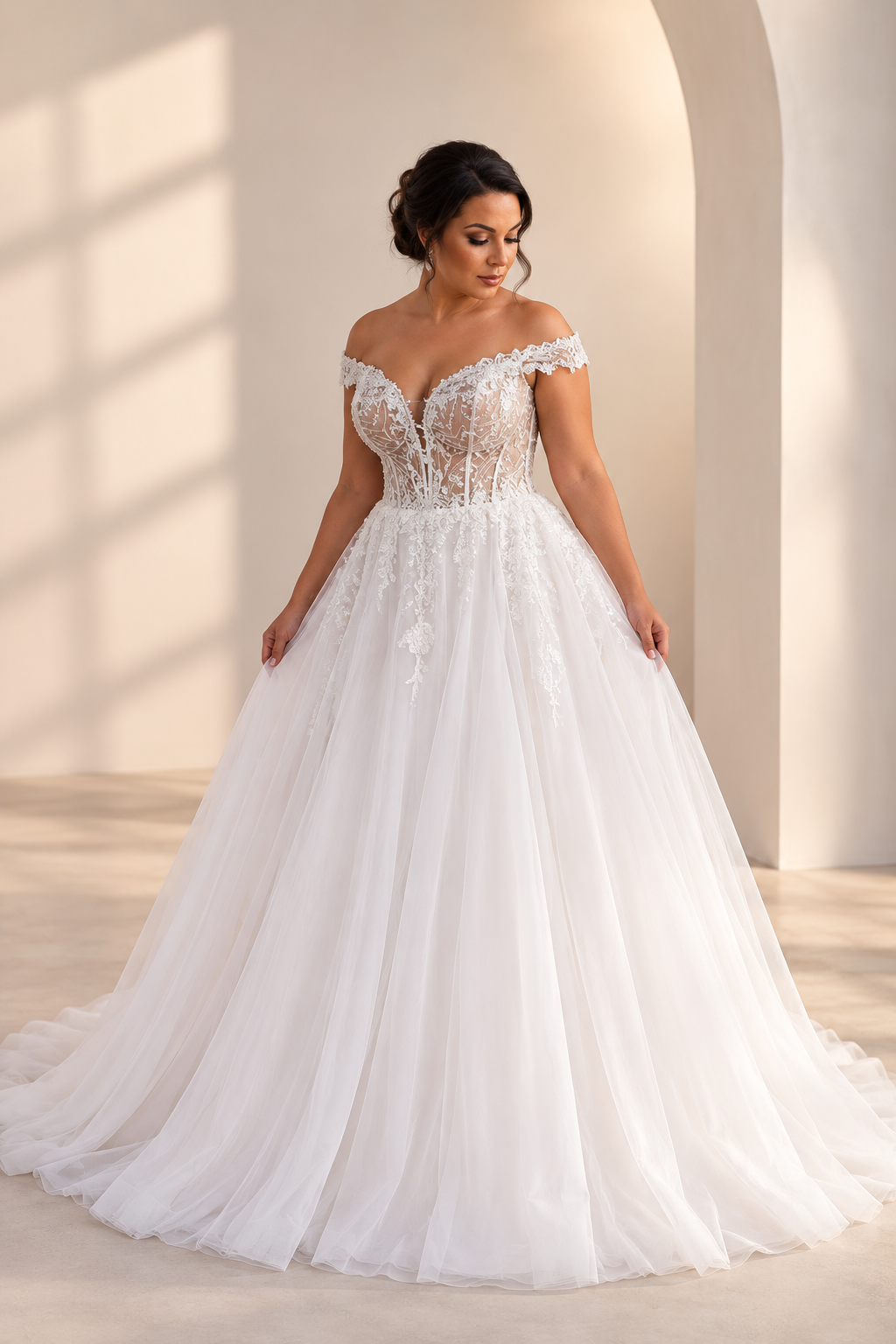 JOLENE A timeless mermaid wedding dress featuring a beautifully detailed lace bodice with a deep illusion V-neckline and delicate beaded straps. The sleek fitted silhouette flows effortlessly into a soft flared skirt and graceful lace-edged train