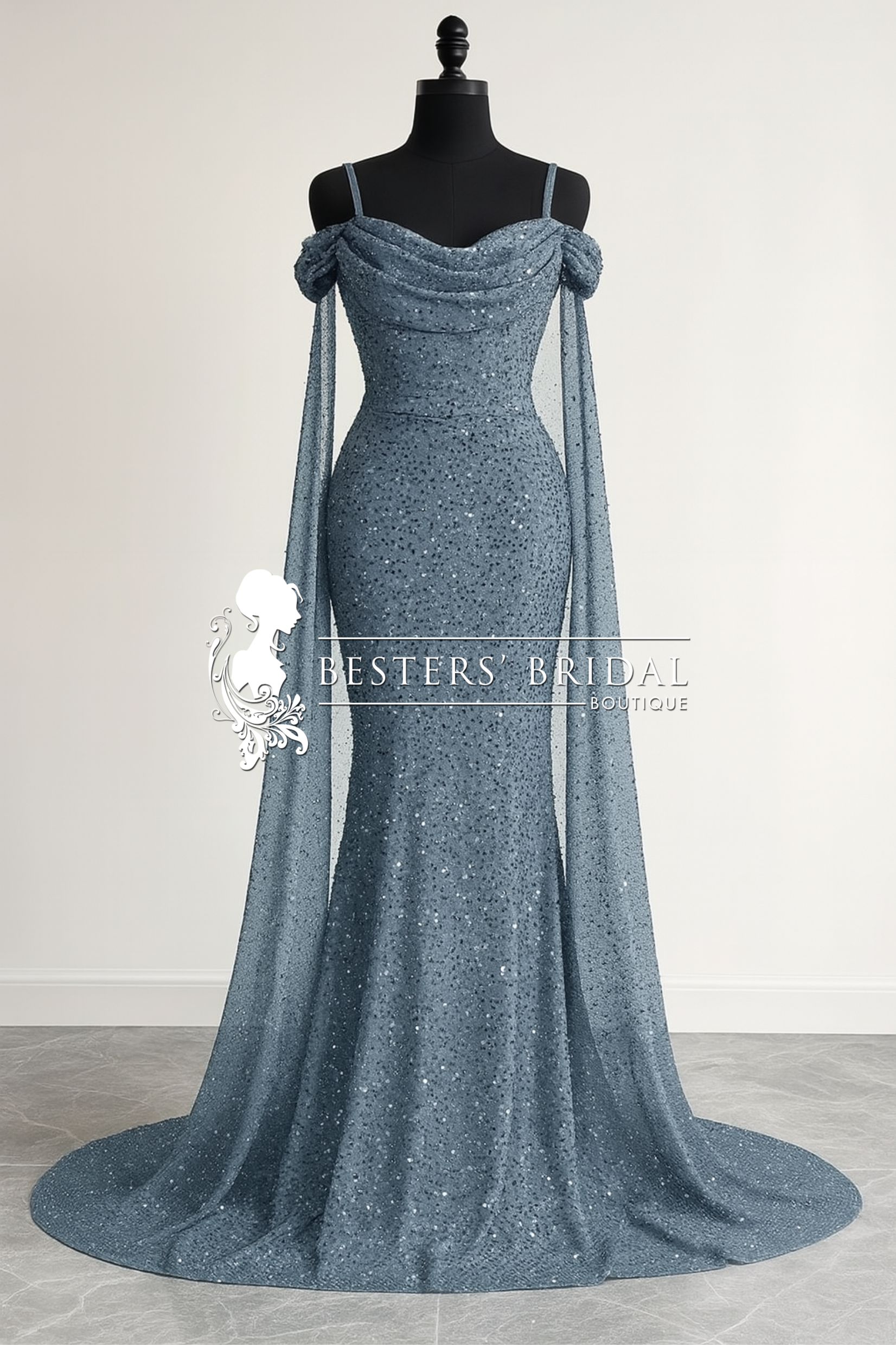 Shoulder-Baring Long Dress with Thin Straps, Sequin Evening Gown