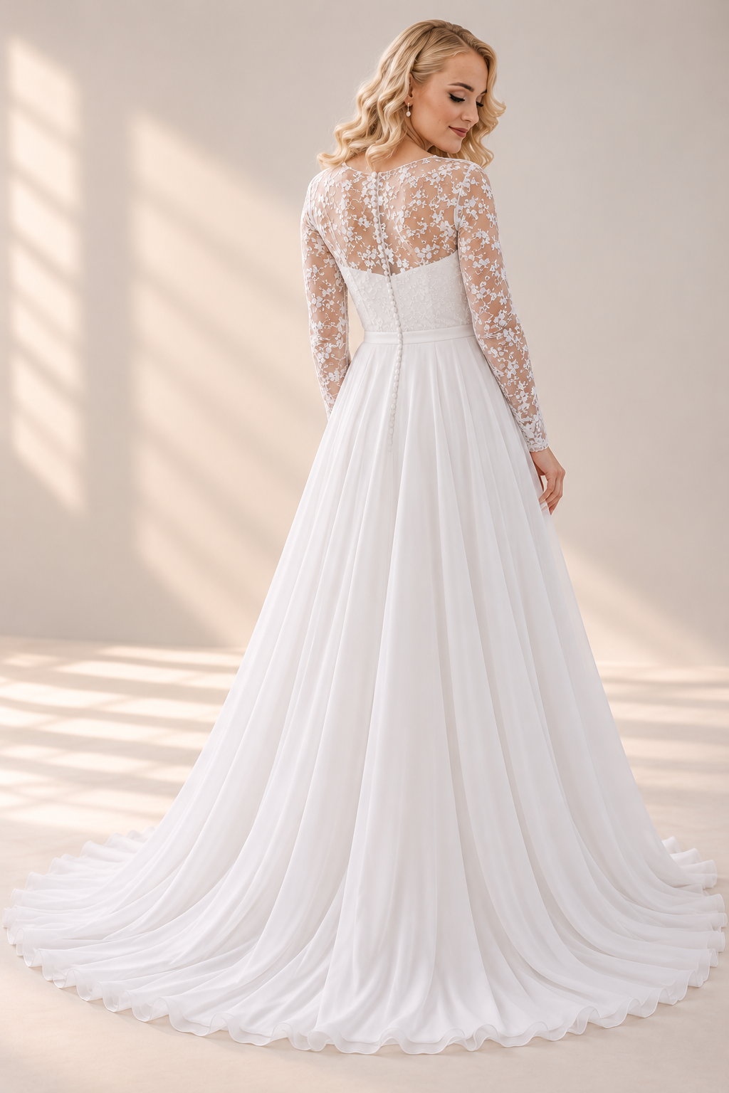 JOLENE A timeless mermaid wedding dress featuring a beautifully detailed lace bodice with a deep illusion V-neckline and delicate beaded straps. The sleek fitted silhouette flows effortlessly into a soft flared skirt and graceful lace-edged train