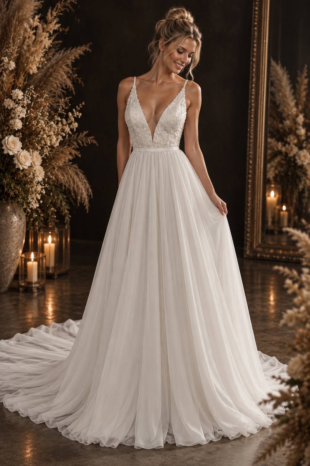calpurnia Elegant off-white crepe and lace wedding dress with an illusion lace bodice and statement lace train.