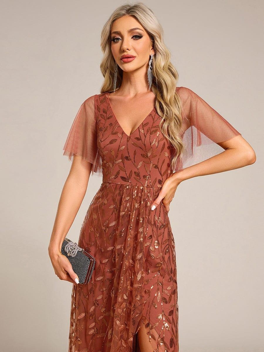 Alix A chic high-low midi formal dress adorned with shimmering sequins, featuring short sleeves and a flattering V-neckline — a stylish choice for any special event.  This dress is not currently in stock but is available to order.