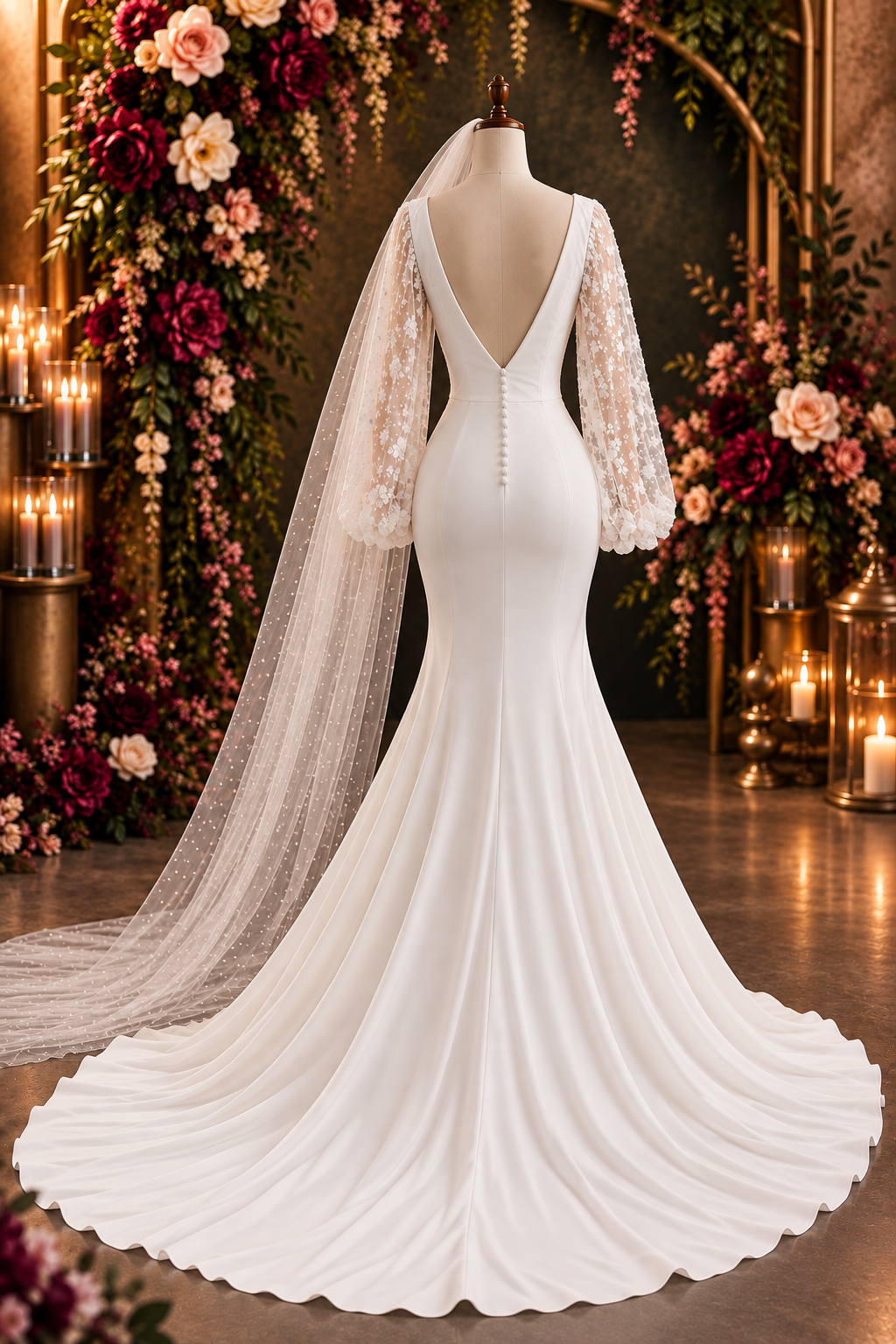 calpurnia Elegant off-white crepe and lace wedding dress with an illusion lace bodice and statement lace train.