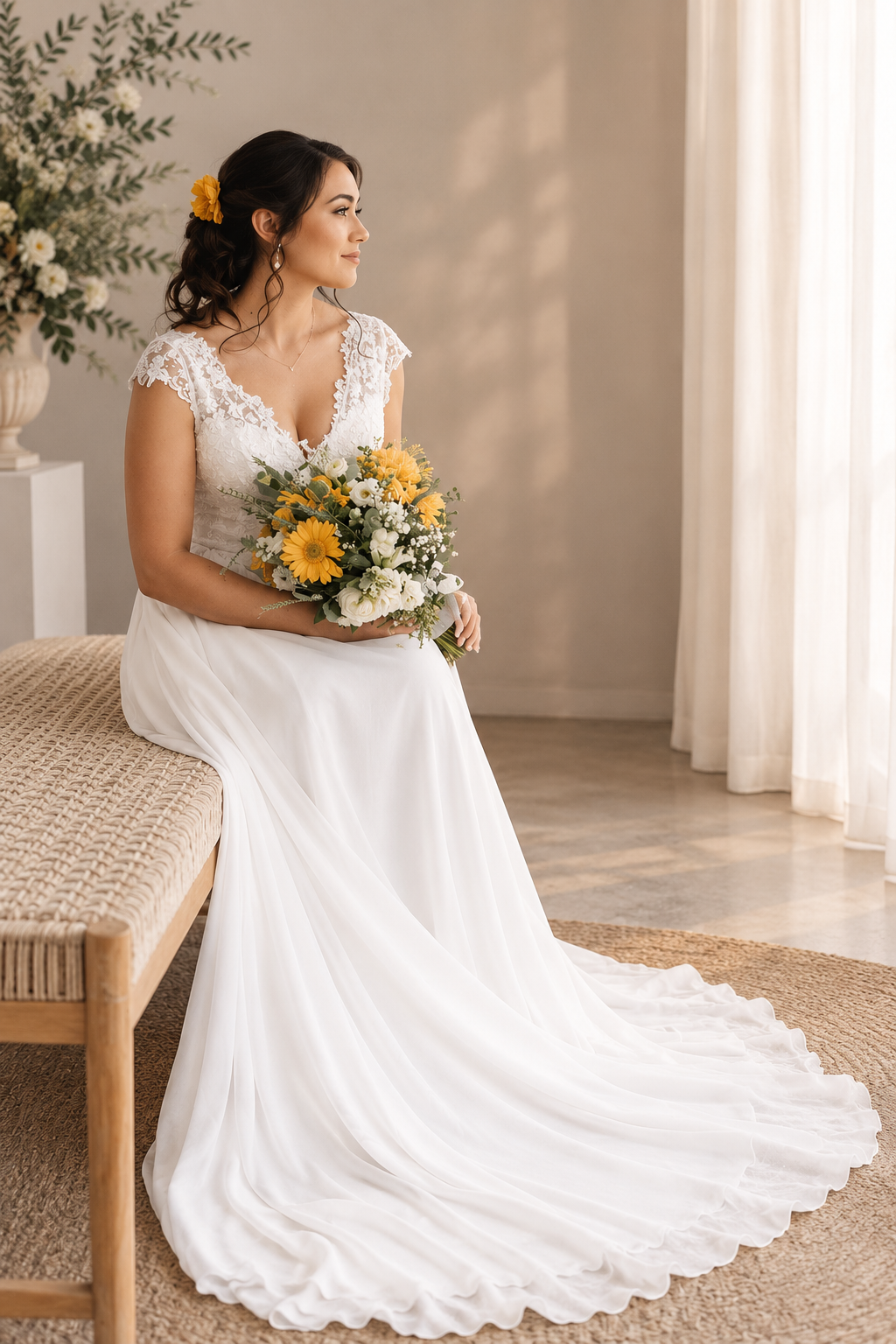 URSULA Elegant fitted crepe gown with a lace sweetheart bodice, flattering ruching, thigh-high slit and graceful train.
