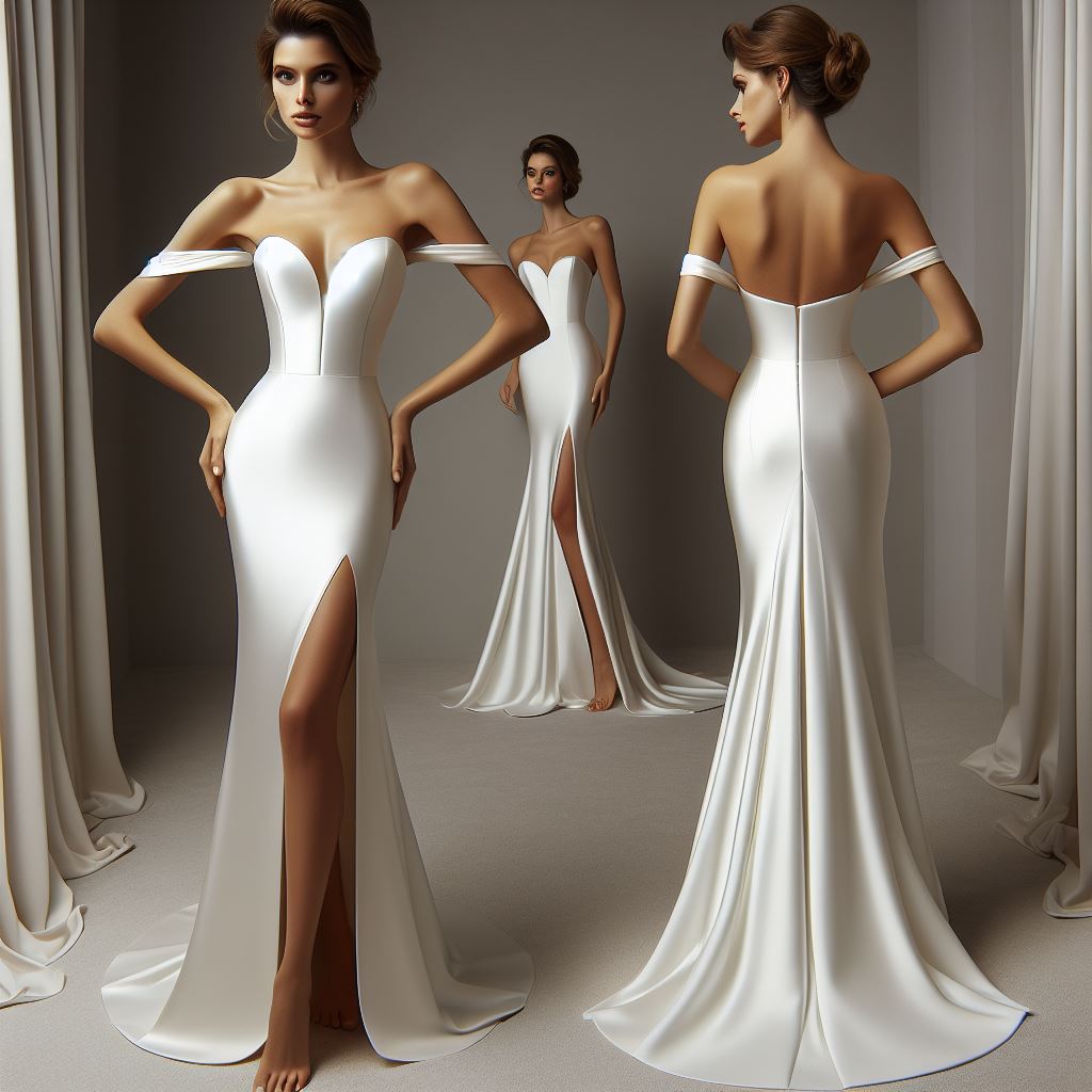 IN THIS SOPHISTICATED WEDDING GOWN, CLASSIC BRIDAL CHARM MEETS MODERN DESIGNER FLAIR. THE ELEGANT COLUMN SILHOUETTE IS CRAFTED FROM LUXURIOUS STRETCH CREPE, ADORNED WITH DETACHABLE OFF-THE-SHOULDER STRAPS THAT ELEGANTLY ATTACH TO A DEEP SWEETHEART NECKLINE. THE CONTEMPORARY STRUCTURED BODICE ADDS A TOUCH OF REFINEMENT, COMPLEMENTING THE TIMELESS FIGURE-ENHANCING DESIGN. A DASH OF ALLURE IS INTRODUCED THROUGH AN OPTIONAL HIGH LEG SLIT, INFUSING A HINT OF DRAMA AS IT GRACEFULLY MERGES WITH THE SUMPTUOUS SKIRT AND TRAIN OF THIS ENCHANTING WEDDING DRESS.