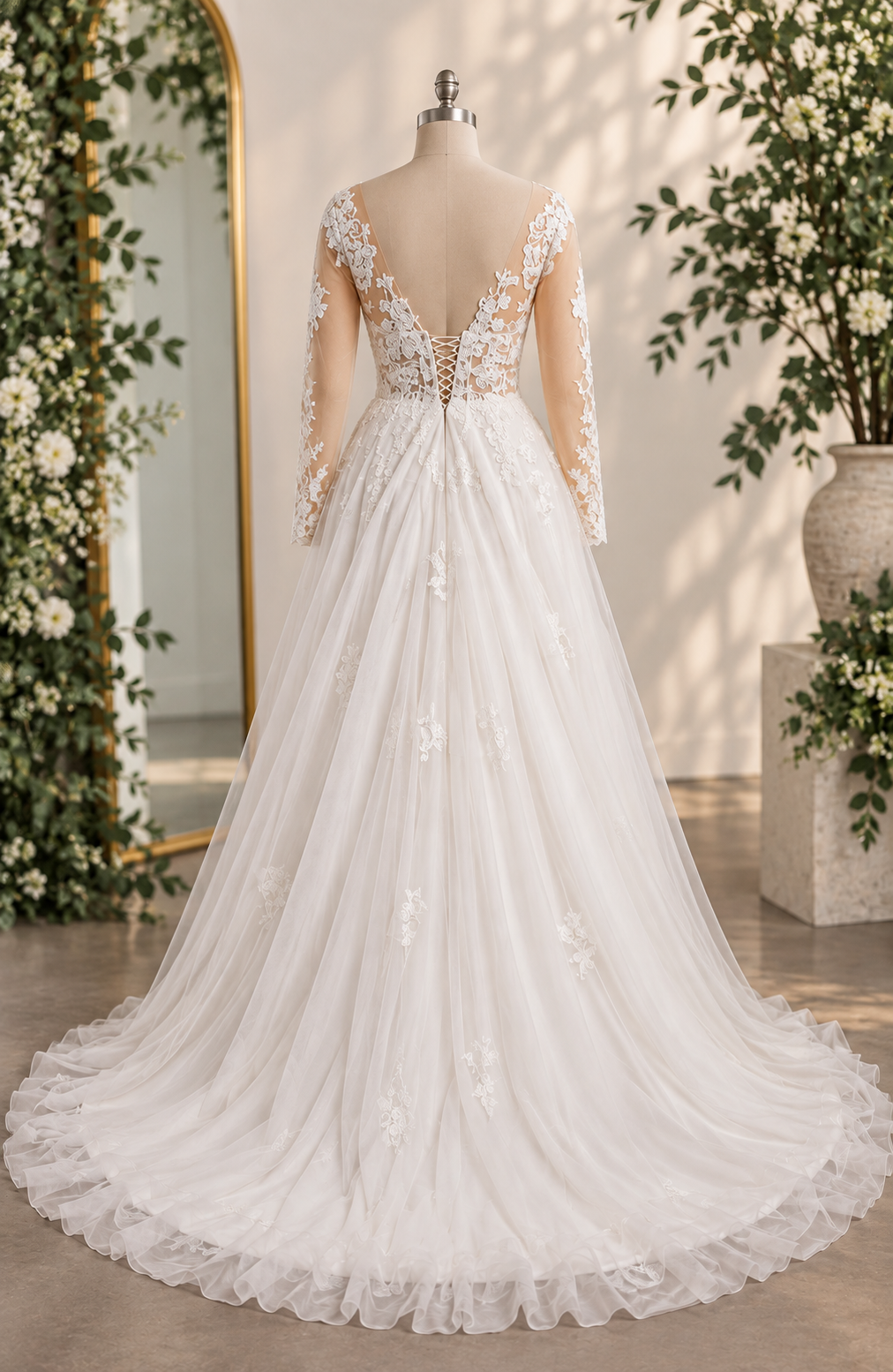 GILLIAN Romantic A-line bridal gown with delicate lace, sheer long sleeves and a beautifully flowing tulle skirt.