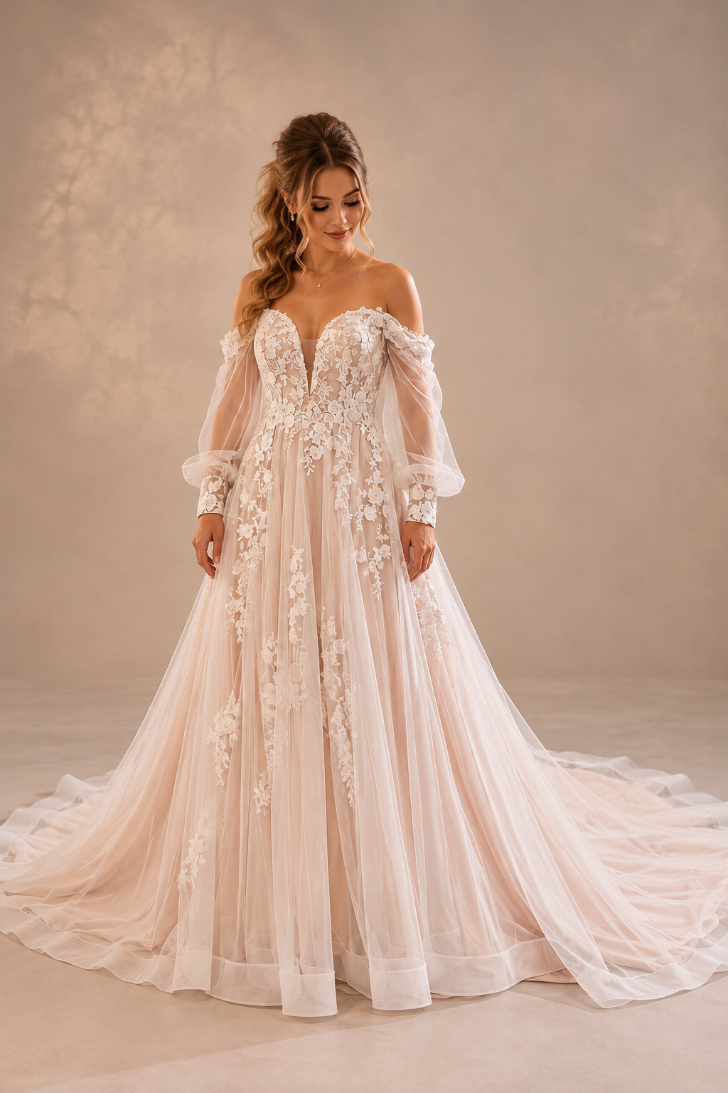 JOLENE A timeless mermaid wedding dress featuring a beautifully detailed lace bodice with a deep illusion V-neckline and delicate beaded straps. The sleek fitted silhouette flows effortlessly into a soft flared skirt and graceful lace-edged train