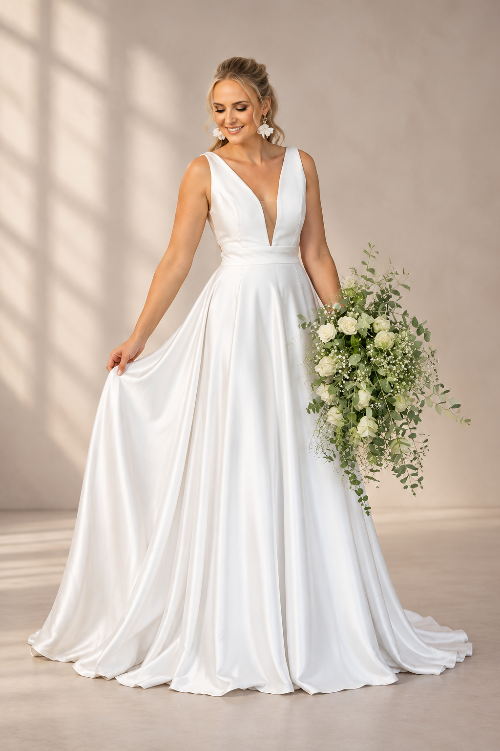 JOLENE A timeless mermaid wedding dress featuring a beautifully detailed lace bodice with a deep illusion V-neckline and delicate beaded straps. The sleek fitted silhouette flows effortlessly into a soft flared skirt and graceful lace-edged train