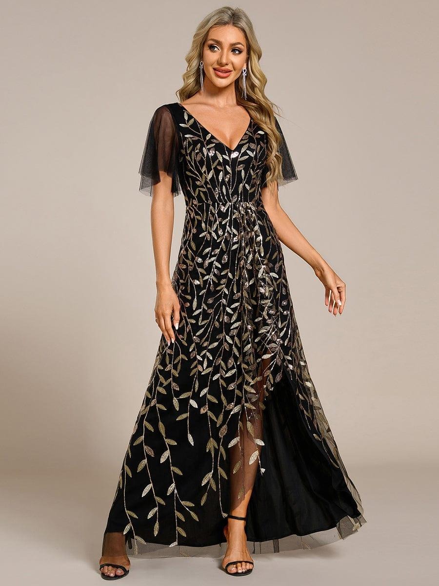 Alix A chic high-low midi formal dress adorned with shimmering sequins, featuring short sleeves and a flattering V-neckline — a stylish choice for any special event.  This dress is not currently in stock but is available to order.