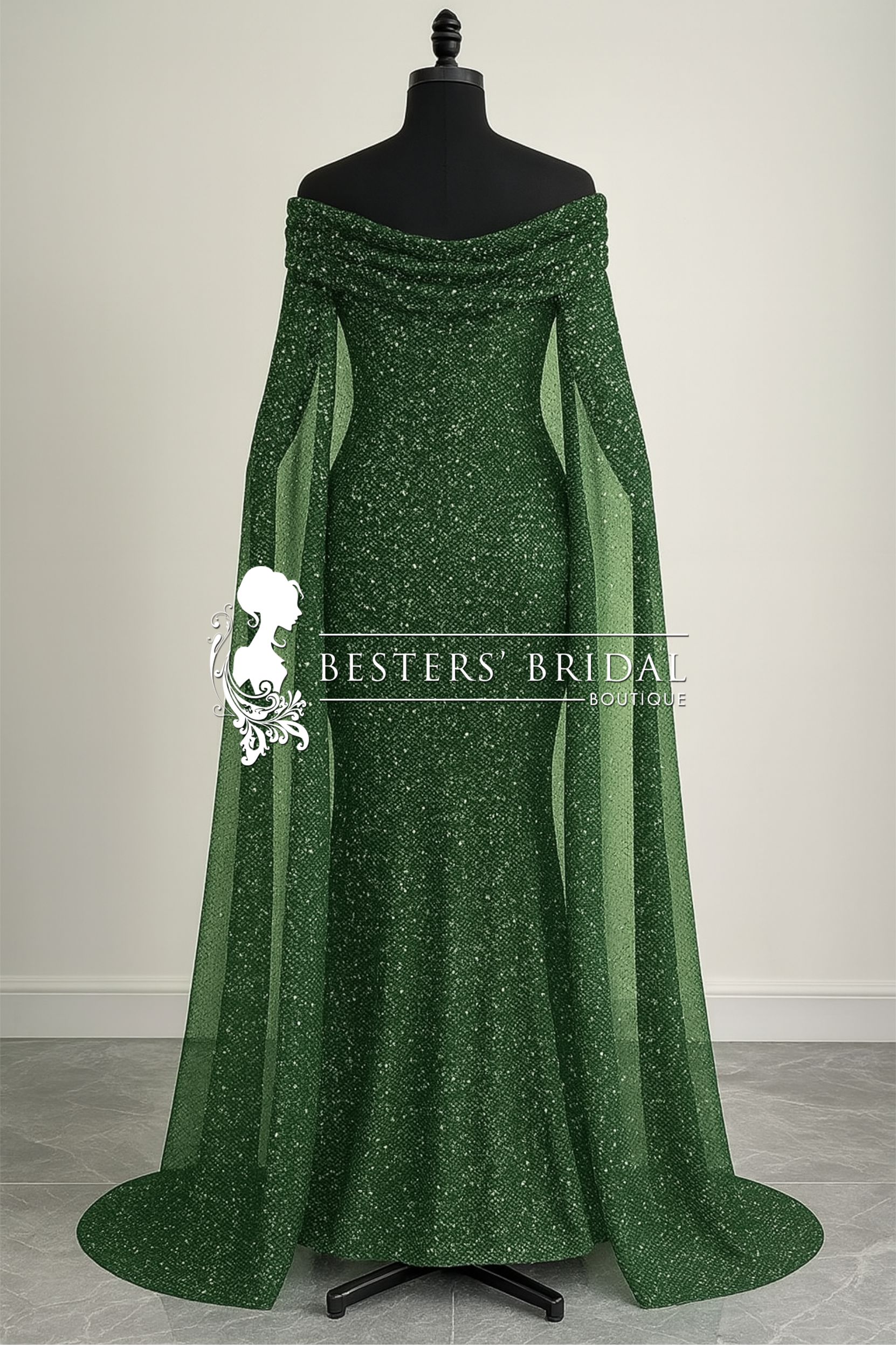 Elegant Off-Shoulder Sequin Gown with Cape Sleeves - Sparkling Green Dress