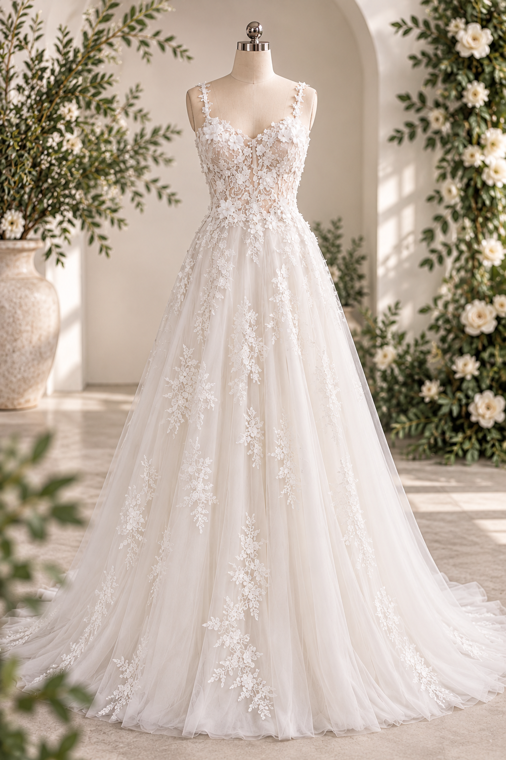 ALICIA-ILSE Romantic Lace & Tulle – A delicate A-line bridal gown with a sheer floral lace bodice, fine lace straps and a soft flowing tulle skirt.