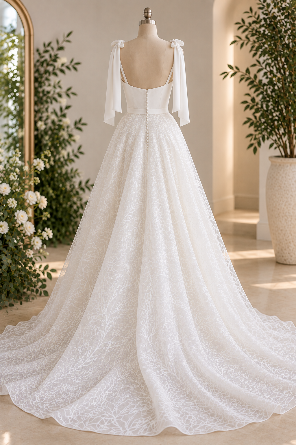 dominique Elegant off-white wedding dress featuring a structured crepe sweetheart bodice with statement shoulder ties and a full botanical lace A-line skirt with a beautiful flowing train.