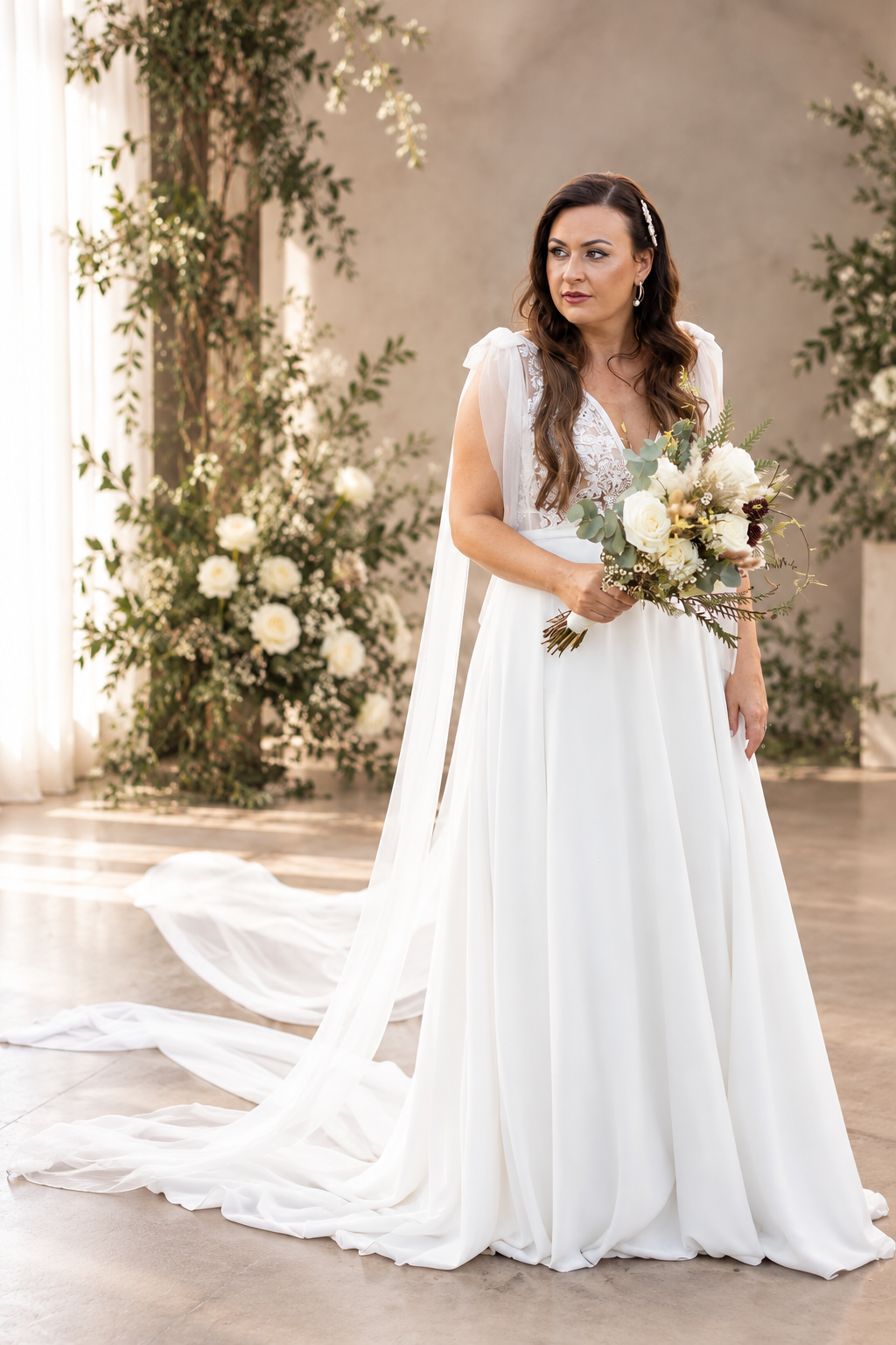 URSULA Elegant fitted crepe gown with a lace sweetheart bodice, flattering ruching, thigh-high slit and graceful train.