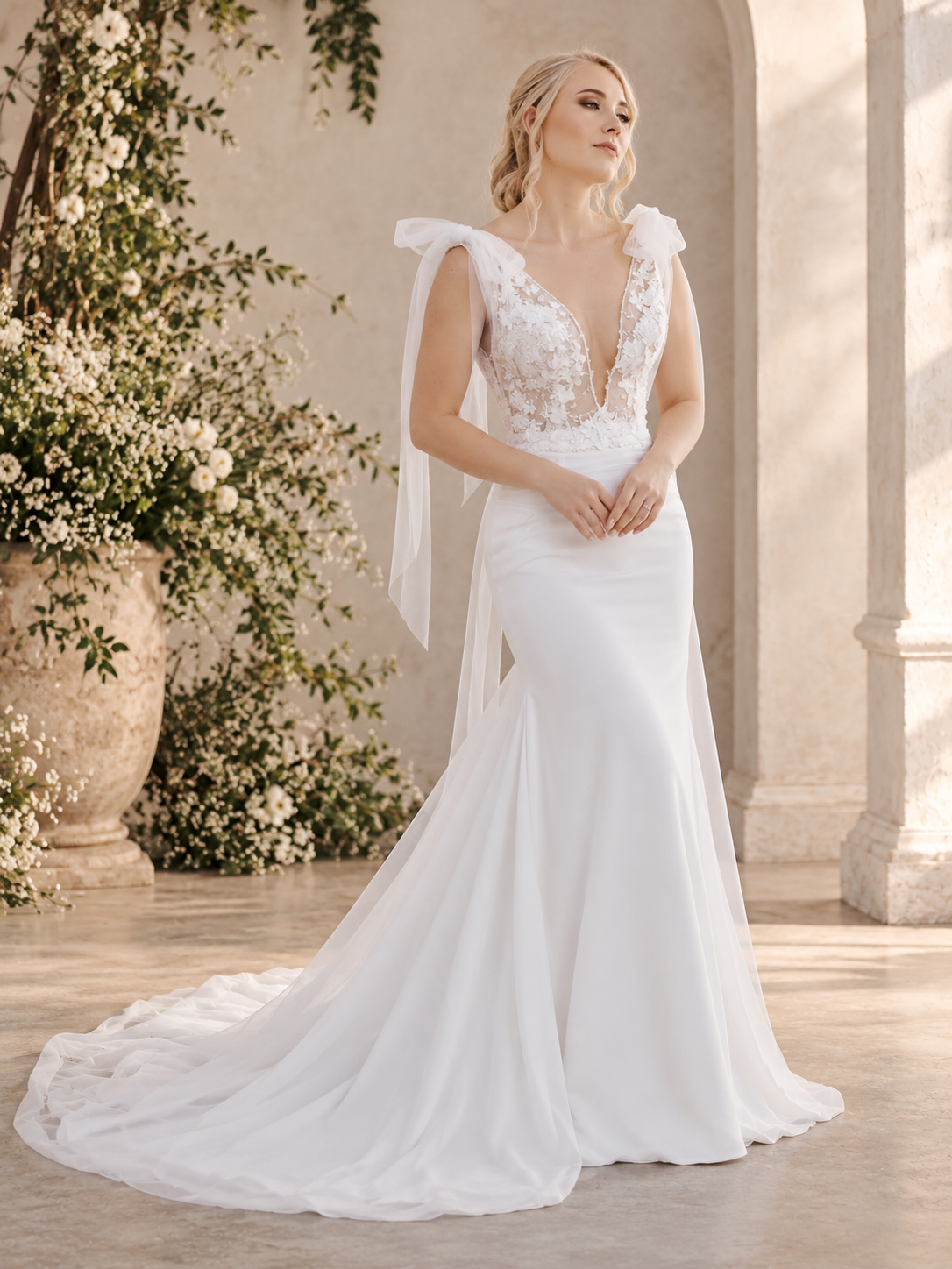 MARIZAAN An elegant off-white wedding dress featuring a delicate lace bodice with sheer lace sleeves, paired with a sleek crepe sheath skirt and a beautiful lace train.